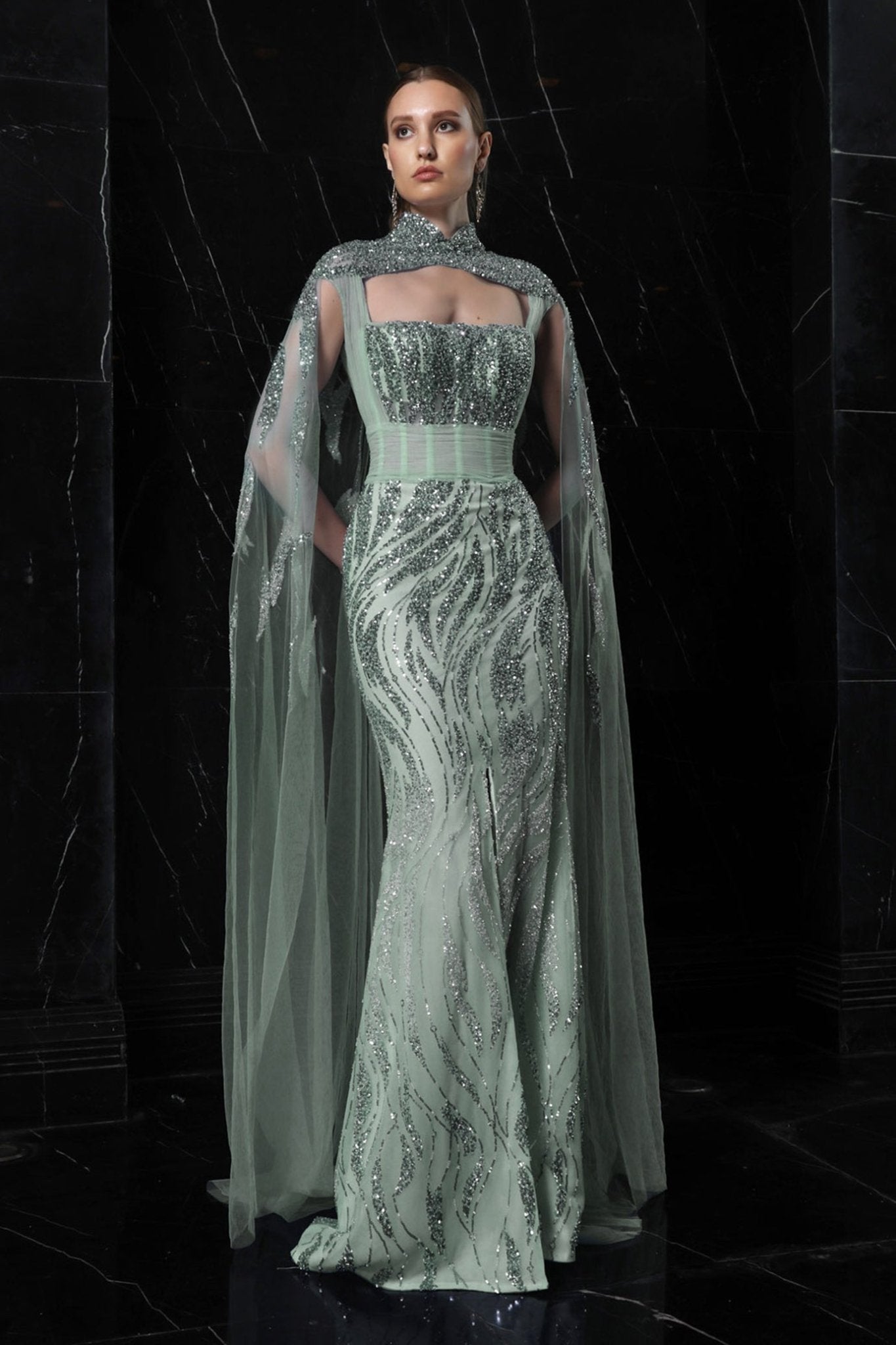 Mist Cape Gown - ALBOUSHIYA - district 5 - dubai - riyadh - abaya - dresses - designers - evening wear - luxury - elegance - craftsmanship - gowns - cocktail dresses - collections - georges