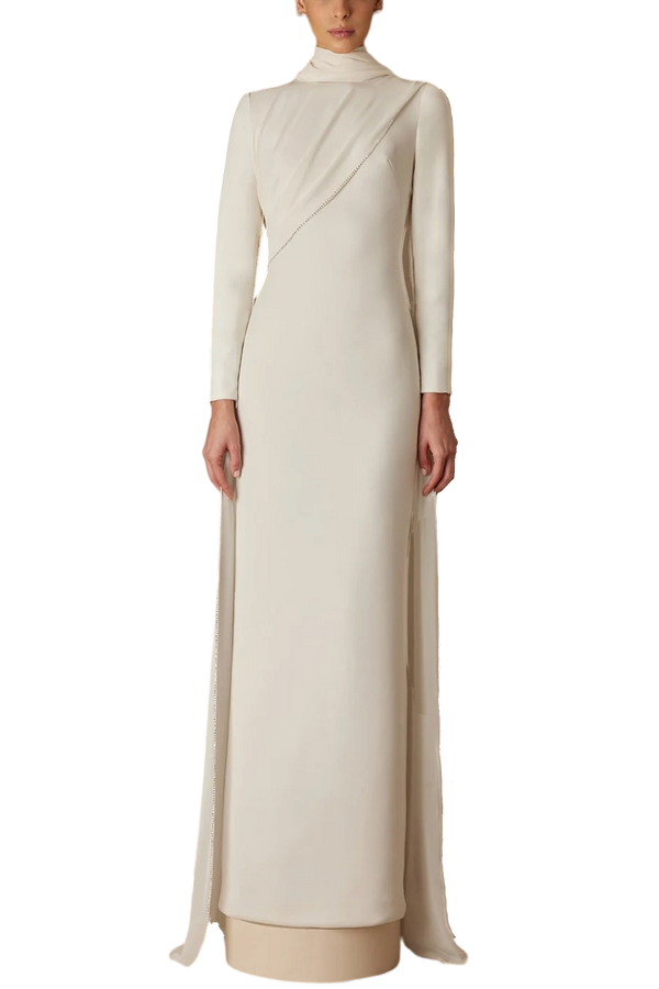 Aida Crepe Dress with Handmade Crystal stone Edge Embroidery Cape