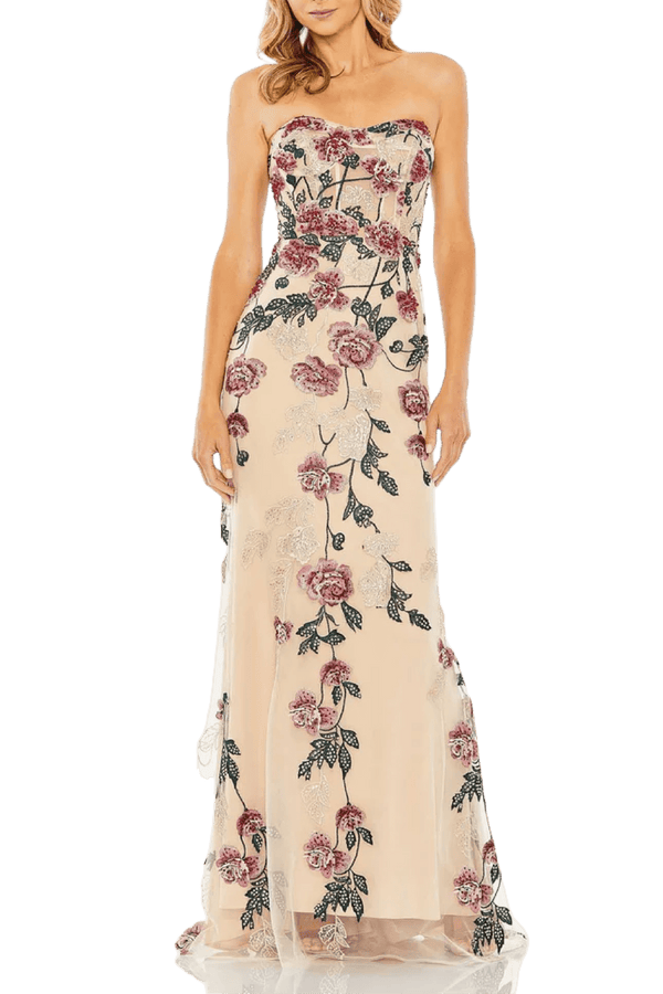 Multicolored Floral - Embossed Strapless Long Gown - ALBOUSHIYA - district 5 - dubai - riyadh - abaya - dresses - designers - evening wear - luxury - elegance - craftsmanship - gowns - cocktail dresses - collections - georges