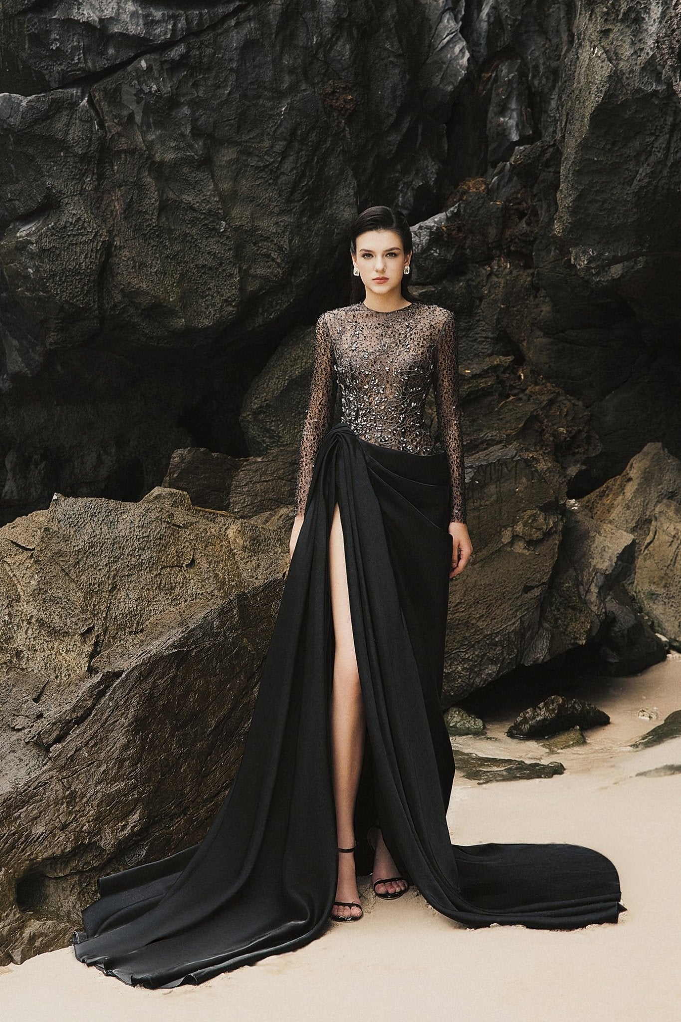 Myra Slit See - Through Taffeta Extra Long Length Dress - ALBOUSHIYA - district 5 - dubai - riyadh - abaya - dresses - designers - evening wear - luxury - elegance - craftsmanship - gowns - cocktail dresses - collections - georges