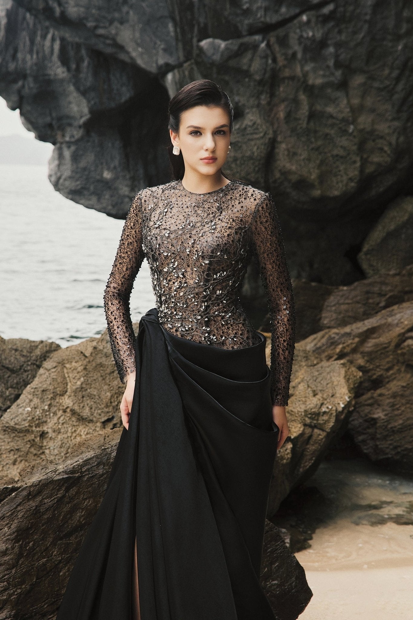 Myra Slit See - Through Taffeta Extra Long Length Dress - ALBOUSHIYA - district 5 - dubai - riyadh - abaya - dresses - designers - evening wear - luxury - elegance - craftsmanship - gowns - cocktail dresses - collections - georges