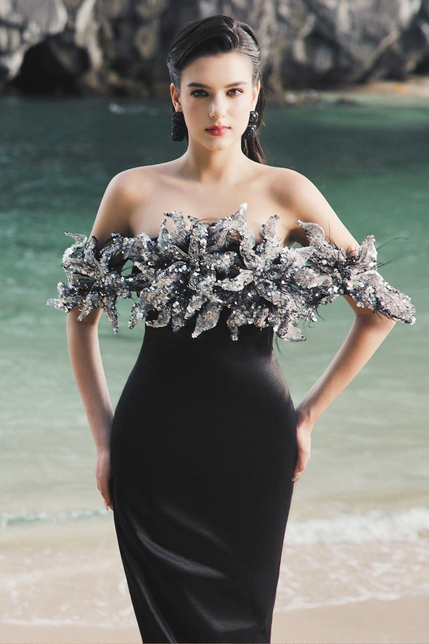Nicole Trumpet Off - Shoulder Silk Extra Long Length Dress - ALBOUSHIYA - district 5 - dubai - riyadh - abaya - dresses - designers - evening wear - luxury - elegance - craftsmanship - gowns - cocktail dresses - collections - georges