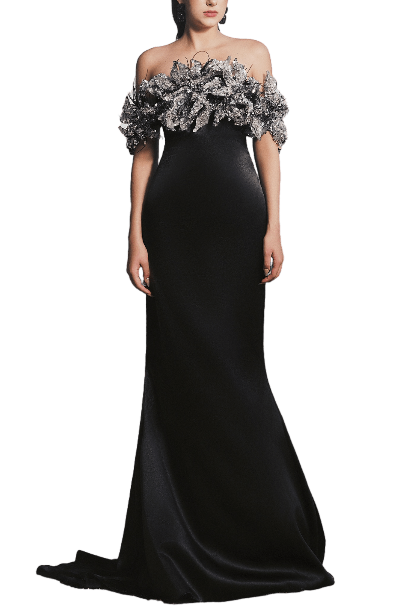 Nicole Trumpet Off - Shoulder Silk Extra Long Length Dress - ALBOUSHIYA - district 5 - dubai - riyadh - abaya - dresses - designers - evening wear - luxury - elegance - craftsmanship - gowns - cocktail dresses - collections - georges
