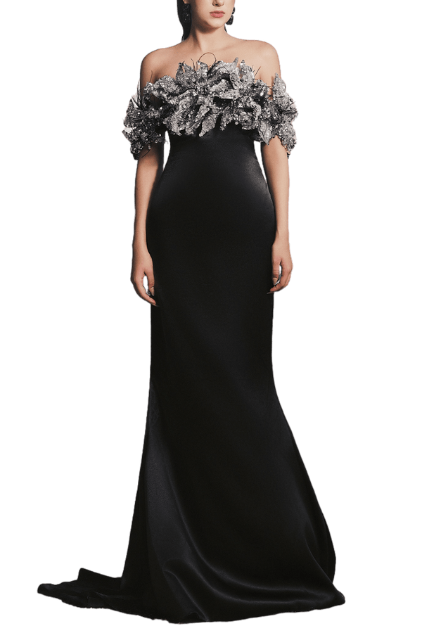 Nicole Trumpet Off - Shoulder Silk Extra Long Length Dress - ALBOUSHIYA - district 5 - dubai - riyadh - abaya - dresses - designers - evening wear - luxury - elegance - craftsmanship - gowns - cocktail dresses - collections - georges