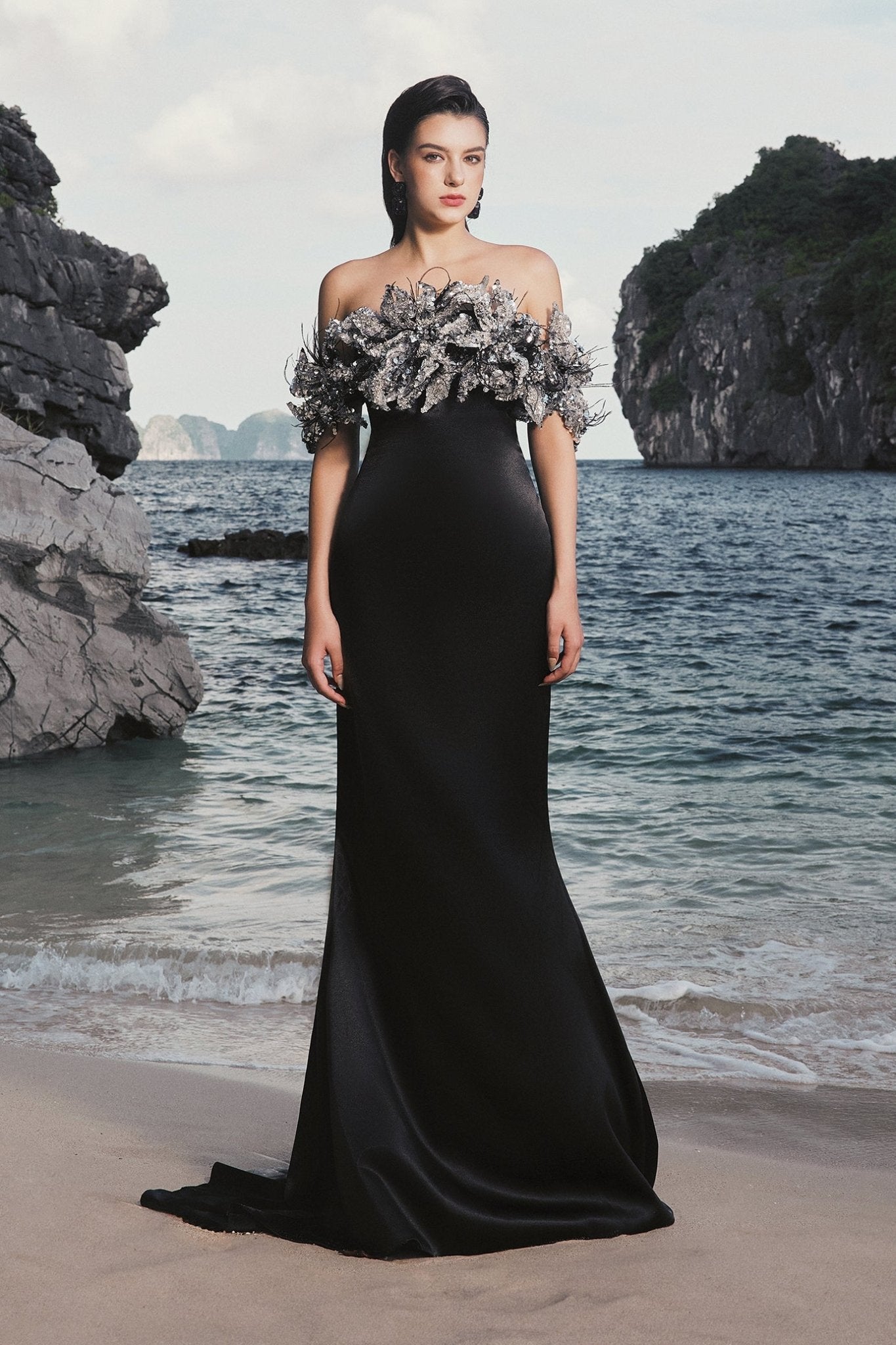 Nicole Trumpet Off - Shoulder Silk Extra Long Length Dress - ALBOUSHIYA - district 5 - dubai - riyadh - abaya - dresses - designers - evening wear - luxury - elegance - craftsmanship - gowns - cocktail dresses - collections - georges
