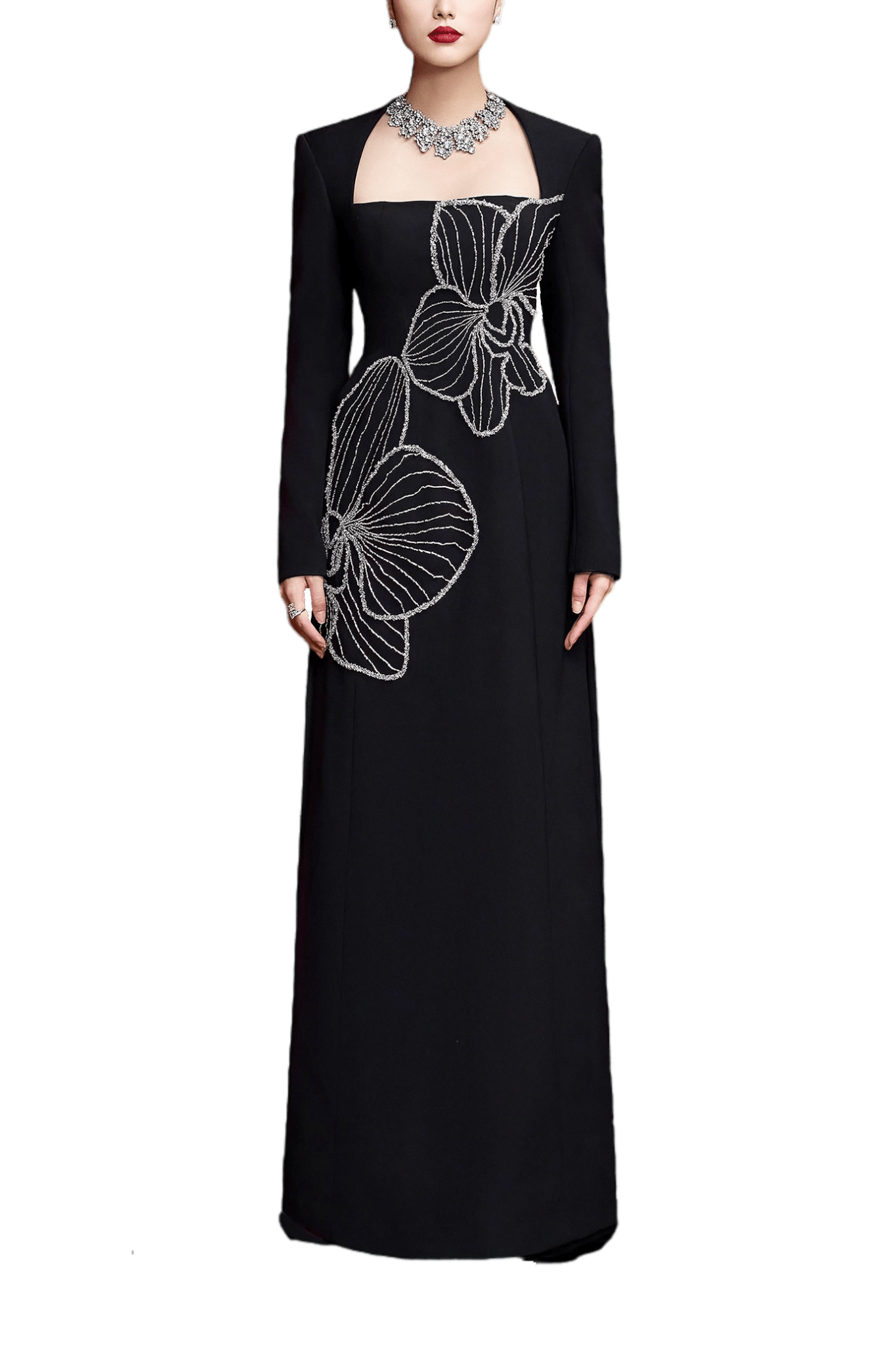 Noir Orchid Elegance Gown - ALBOUSHIYA - district 5 - dubai - riyadh - abaya - dresses - designers - evening wear - luxury - elegance - craftsmanship - gowns - cocktail dresses - collections - georges