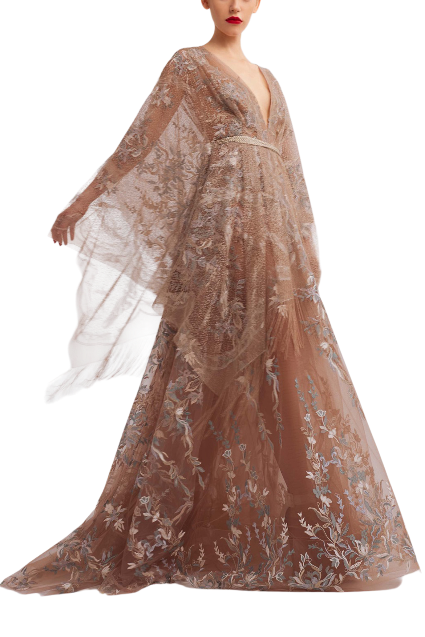 V-Neck A-Line Dress with Kimono Sleeves and Embroidered Floral Detail