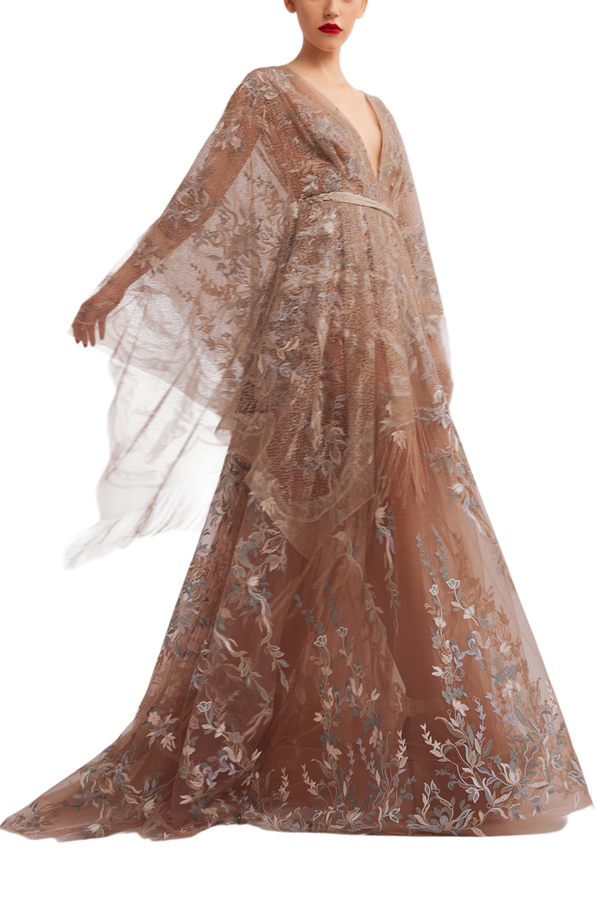 V-Neck A-Line Dress with Kimono Sleeves and Embroidered Floral Detail