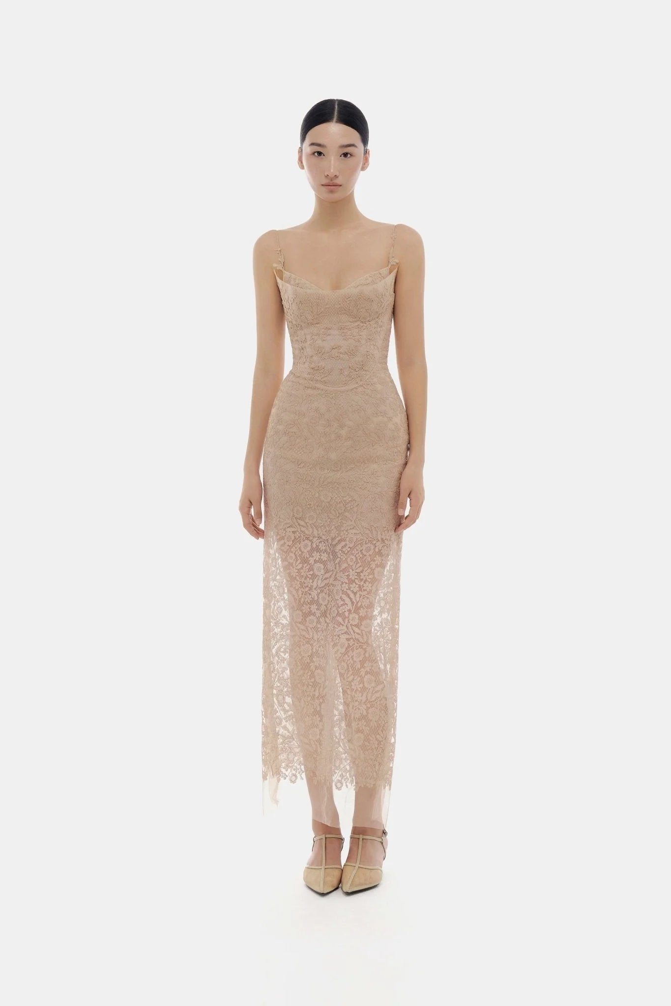 Nude Lace Dress - ALBOUSHIYA - district 5 - dubai - riyadh - abaya - dresses - designers - evening wear - luxury - elegance - craftsmanship - gowns - cocktail dresses - collections - georges