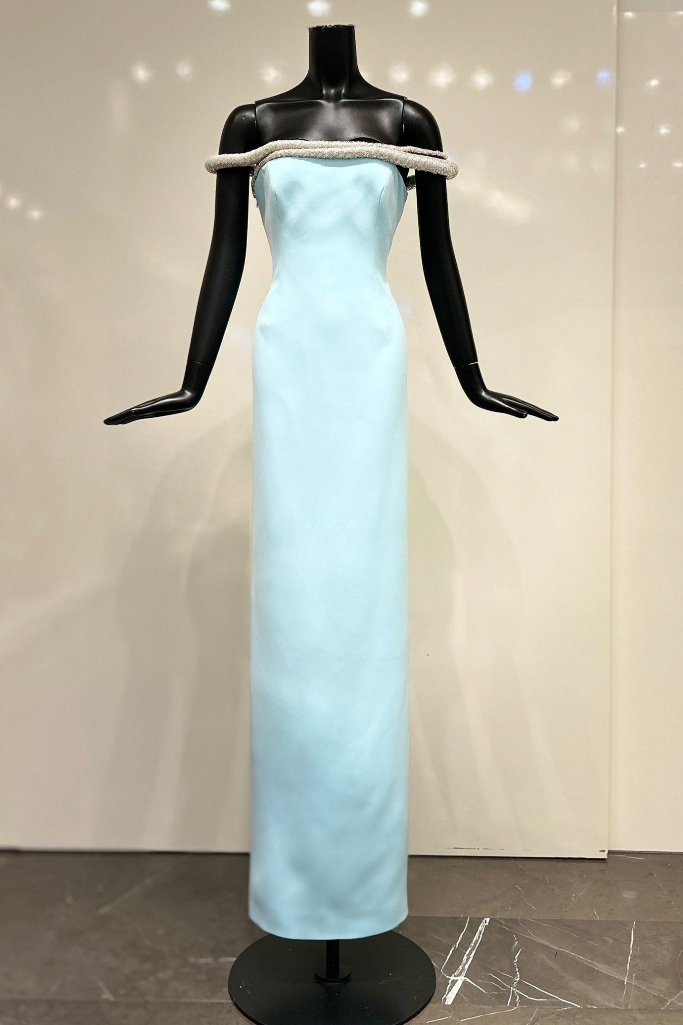 Off - Shoulder Crepe Crystallized Maxi Dress - ALBOUSHIYA - district 5 - dubai - riyadh - abaya - dresses - designers - evening wear - luxury - elegance - craftsmanship - gowns - cocktail dresses - collections - georges