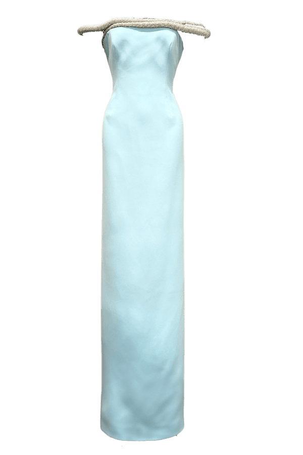 Off - Shoulder Crepe Crystallized Maxi Dress - ALBOUSHIYA - district 5 - dubai - riyadh - abaya - dresses - designers - evening wear - luxury - elegance - craftsmanship - gowns - cocktail dresses - collections - georges