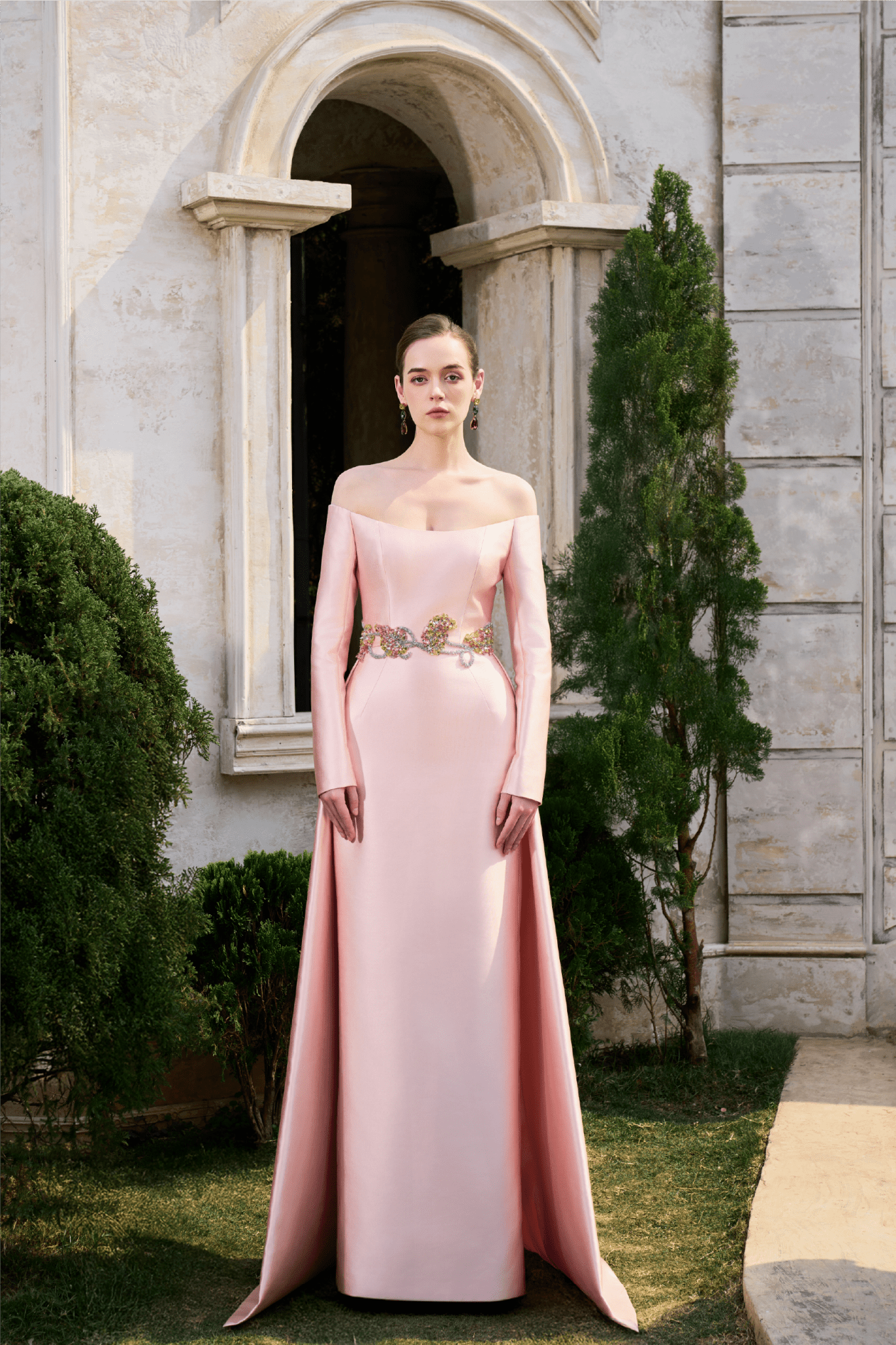 Off - Shoulder Embellished Gown - ALBOUSHIYA - district 5 - dubai - riyadh - abaya - dresses - designers - evening wear - luxury - elegance - craftsmanship - gowns - cocktail dresses - collections - georges