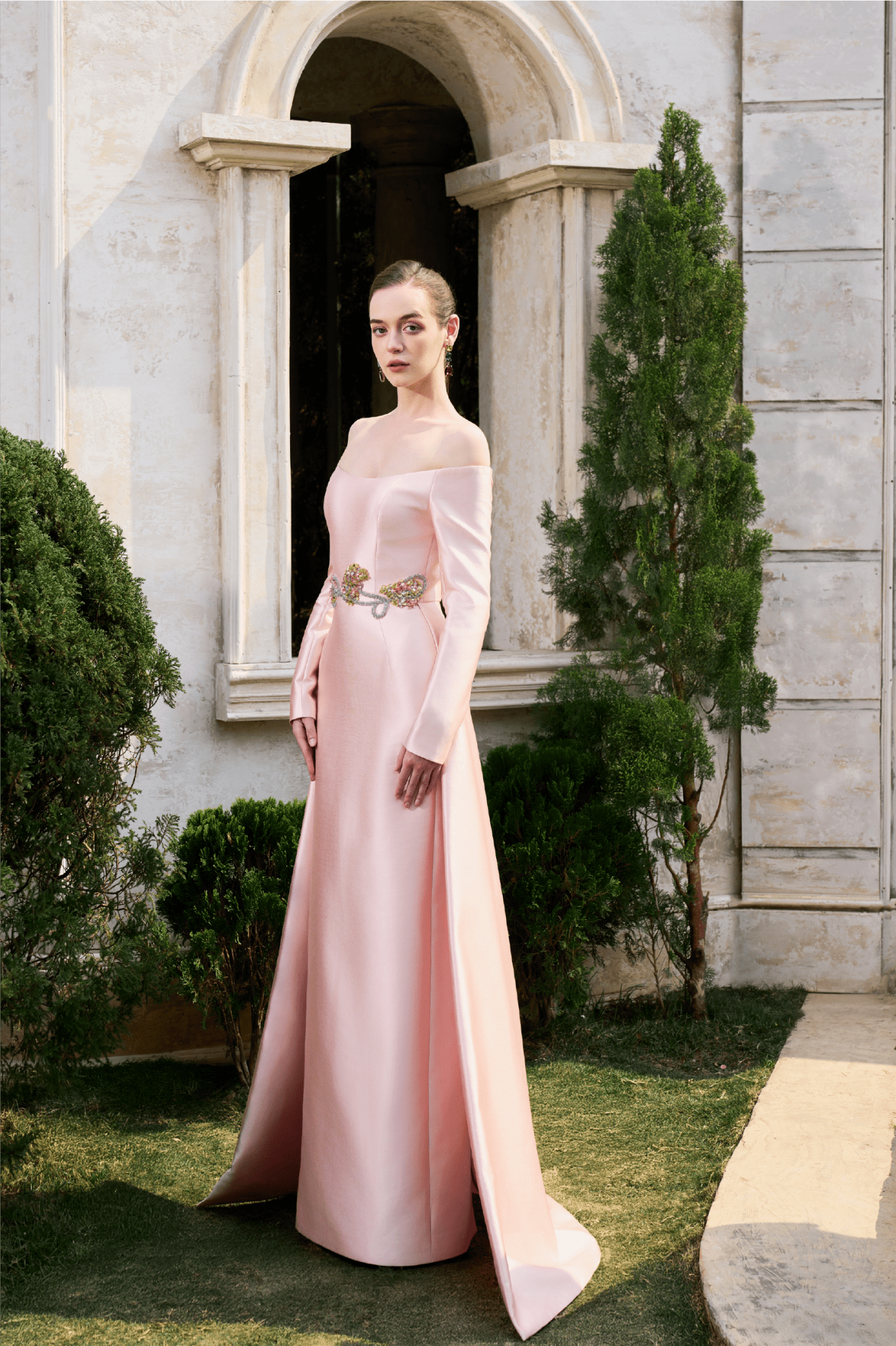 Off - Shoulder Embellished Gown - ALBOUSHIYA - district 5 - dubai - riyadh - abaya - dresses - designers - evening wear - luxury - elegance - craftsmanship - gowns - cocktail dresses - collections - georges