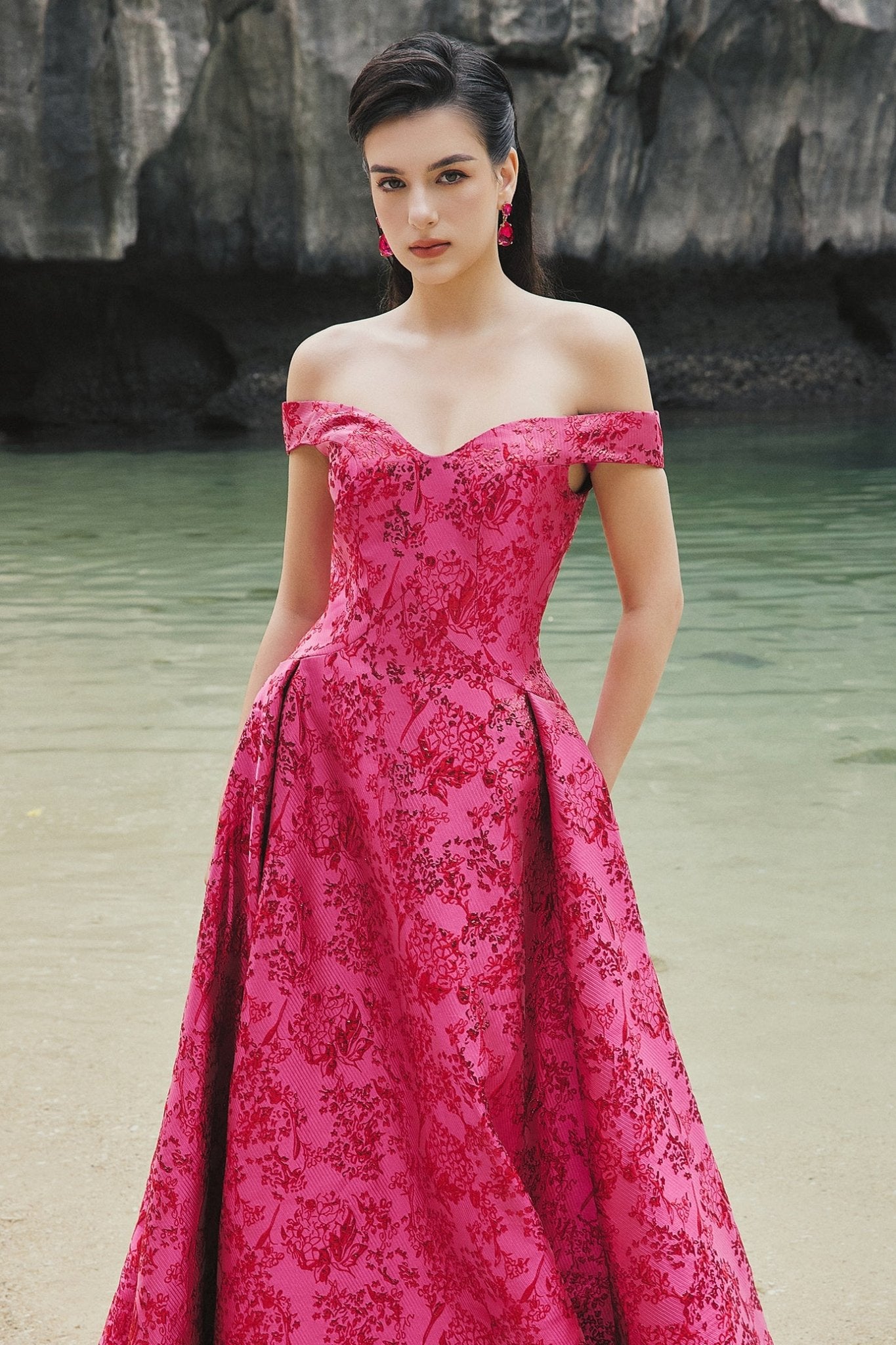 Off Shoulder Floral Pattern Full Dress - ALBOUSHIYA - district 5 - dubai - riyadh - abaya - dresses - designers - evening wear - luxury - elegance - craftsmanship - gowns - cocktail dresses - collections - georges