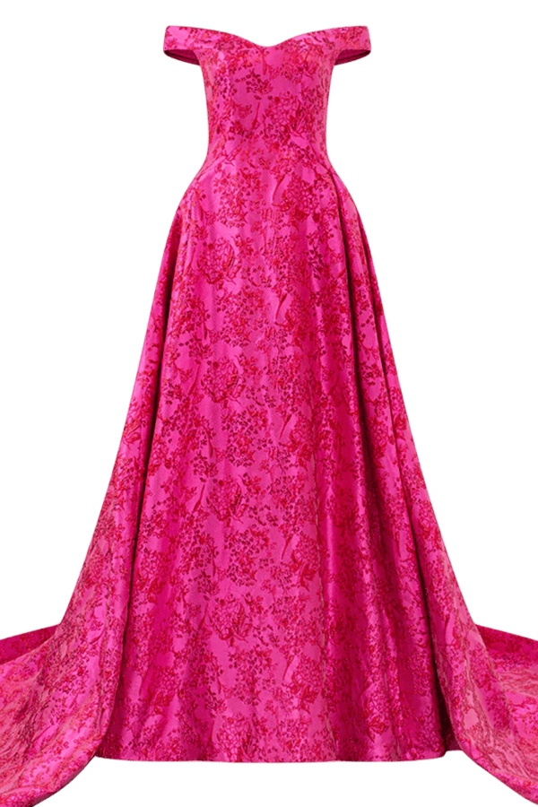Off Shoulder Floral Pattern Full Dress - ALBOUSHIYA - district 5 - dubai - riyadh - abaya - dresses - designers - evening wear - luxury - elegance - craftsmanship - gowns - cocktail dresses - collections - georges