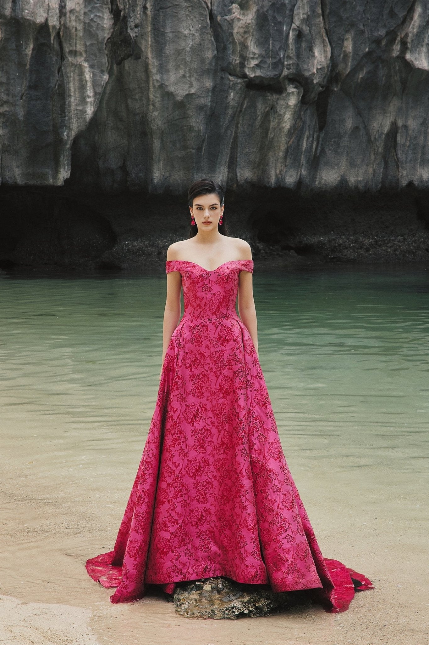 Off Shoulder Floral Pattern Full Dress - ALBOUSHIYA - district 5 - dubai - riyadh - abaya - dresses - designers - evening wear - luxury - elegance - craftsmanship - gowns - cocktail dresses - collections - georges