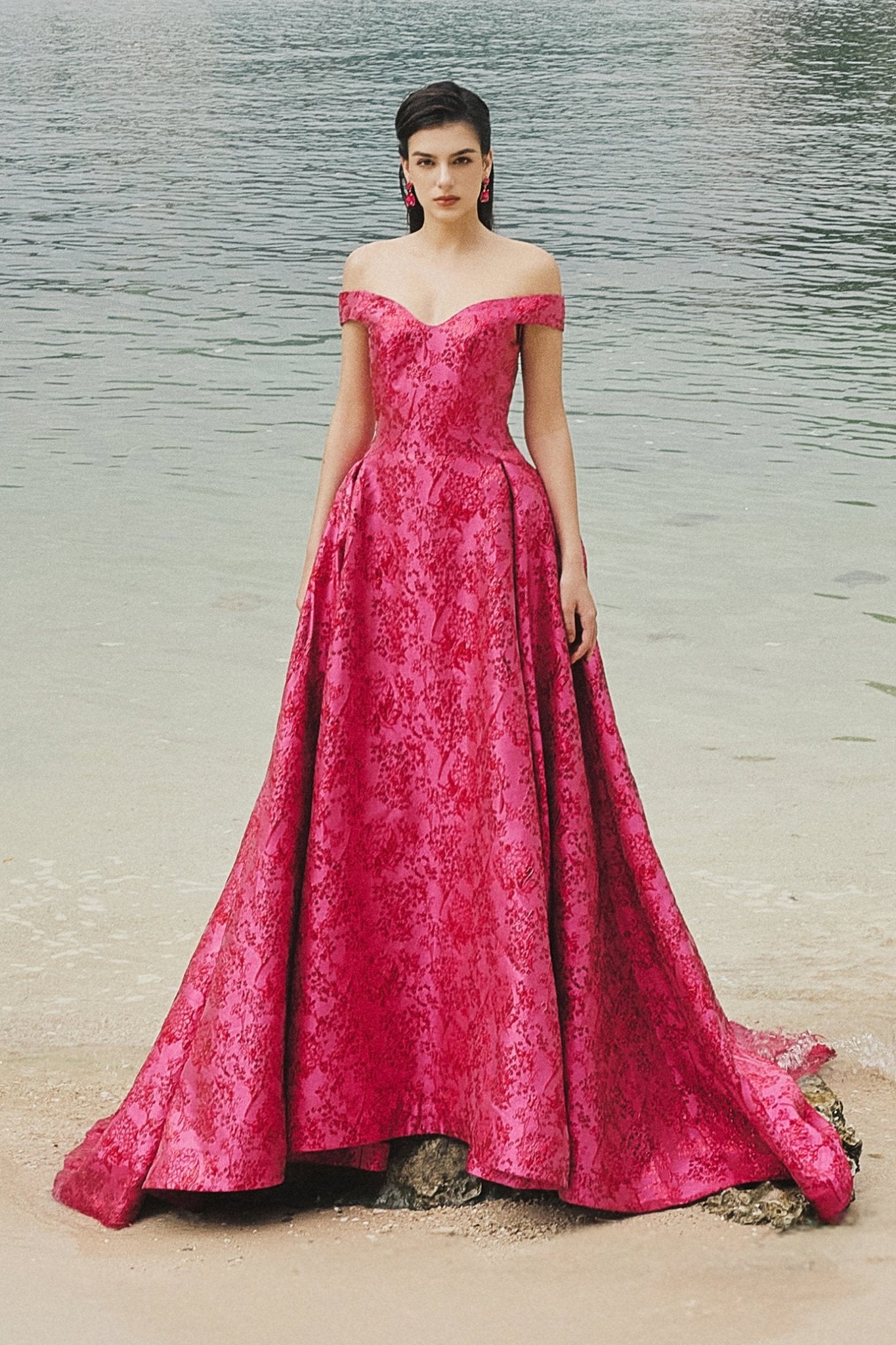 Off Shoulder Floral Pattern Full Dress - ALBOUSHIYA - district 5 - dubai - riyadh - abaya - dresses - designers - evening wear - luxury - elegance - craftsmanship - gowns - cocktail dresses - collections - georges