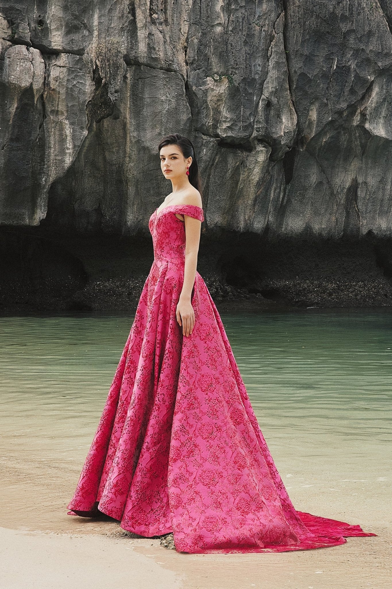 Off Shoulder Floral Pattern Full Dress - ALBOUSHIYA - district 5 - dubai - riyadh - abaya - dresses - designers - evening wear - luxury - elegance - craftsmanship - gowns - cocktail dresses - collections - georges