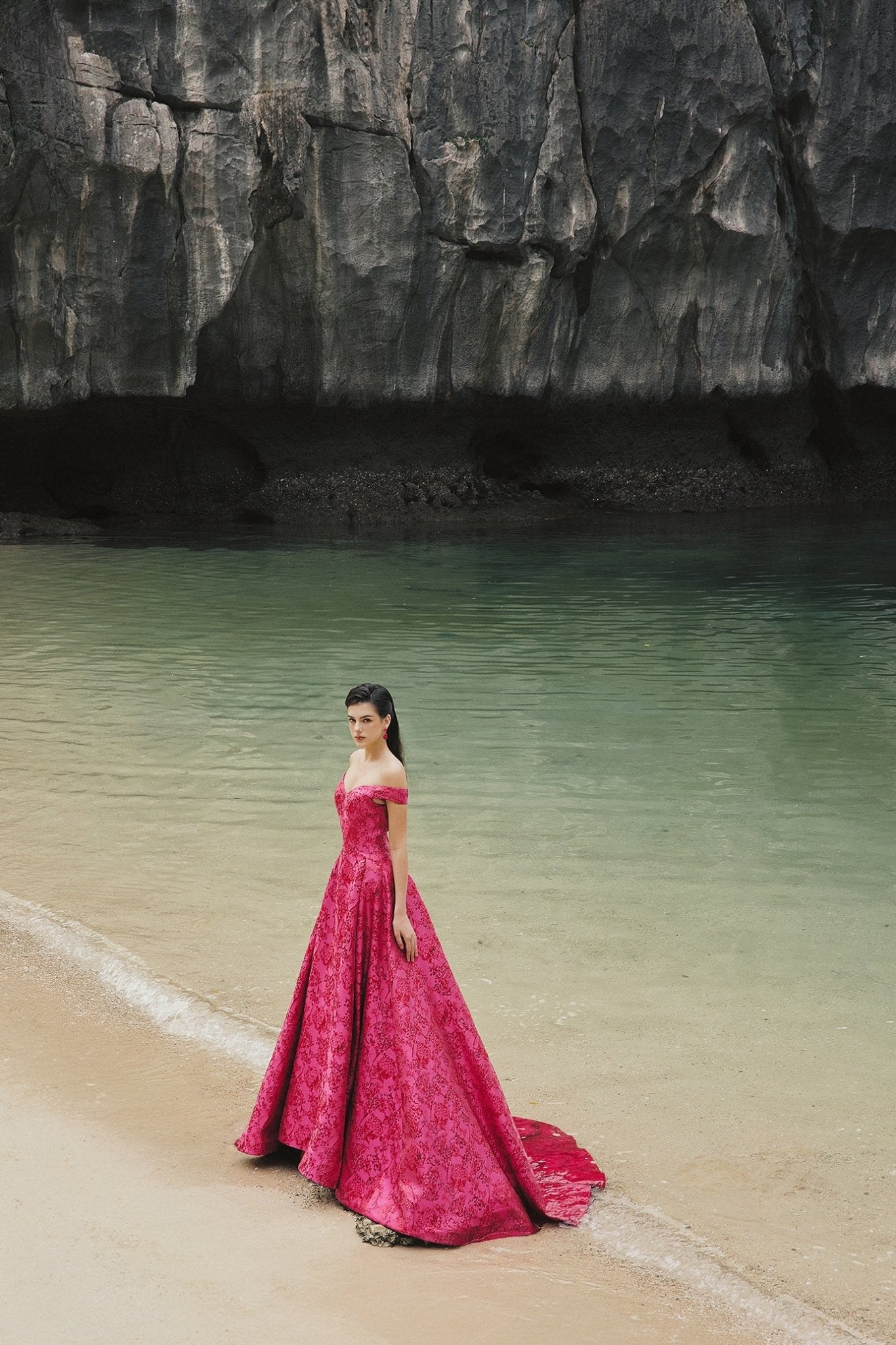 Off Shoulder Floral Pattern Full Dress - ALBOUSHIYA - district 5 - dubai - riyadh - abaya - dresses - designers - evening wear - luxury - elegance - craftsmanship - gowns - cocktail dresses - collections - georges