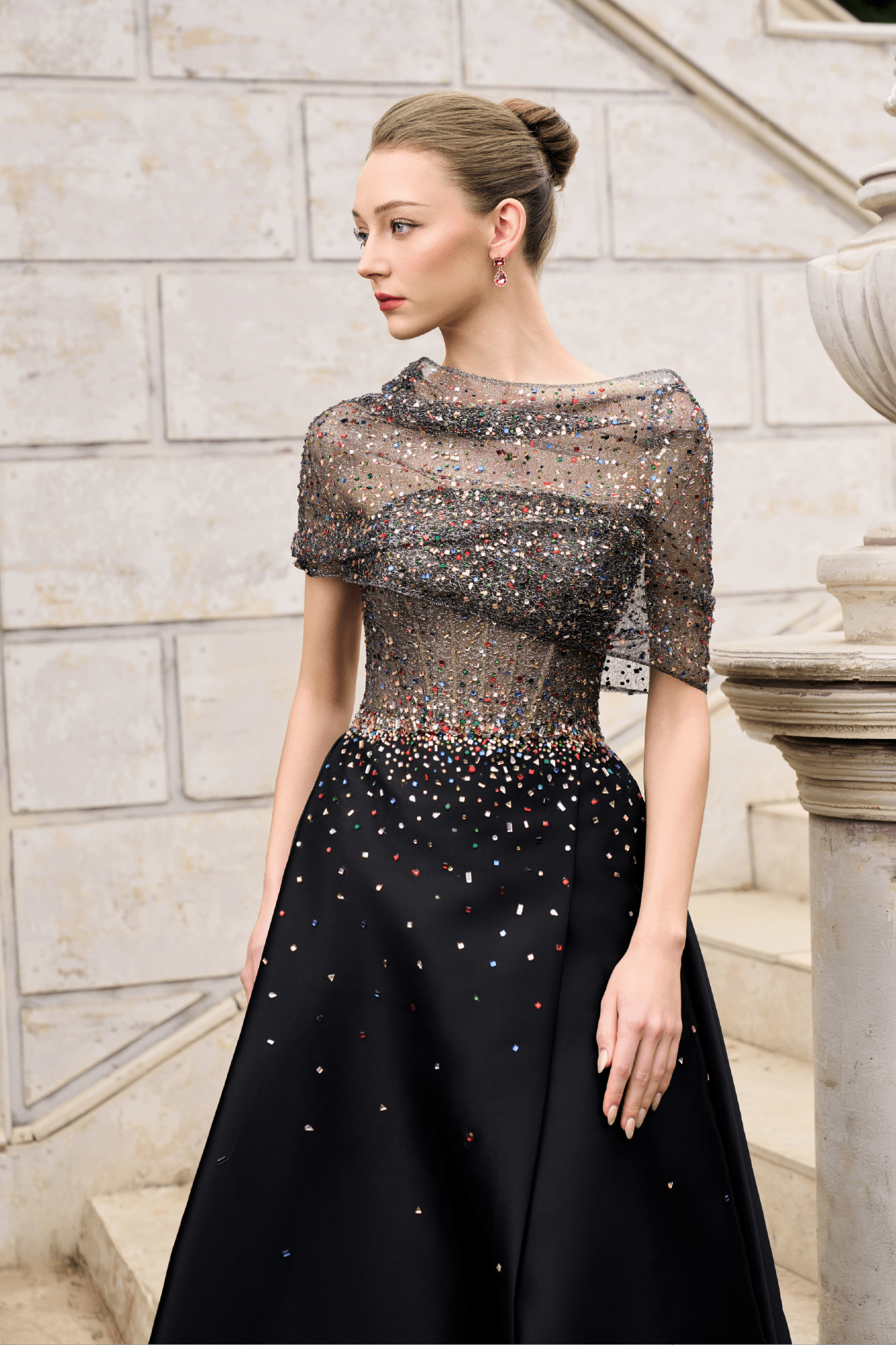 Off - Shoulder Multicolor Crystal Gown - ALBOUSHIYA - district 5 - dubai - riyadh - abaya - dresses - designers - evening wear - luxury - elegance - craftsmanship - gowns - cocktail dresses - collections - georges