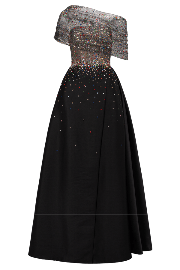 Off - Shoulder Multicolor Crystal Gown - ALBOUSHIYA - district 5 - dubai - riyadh - abaya - dresses - designers - evening wear - luxury - elegance - craftsmanship - gowns - cocktail dresses - collections - georges