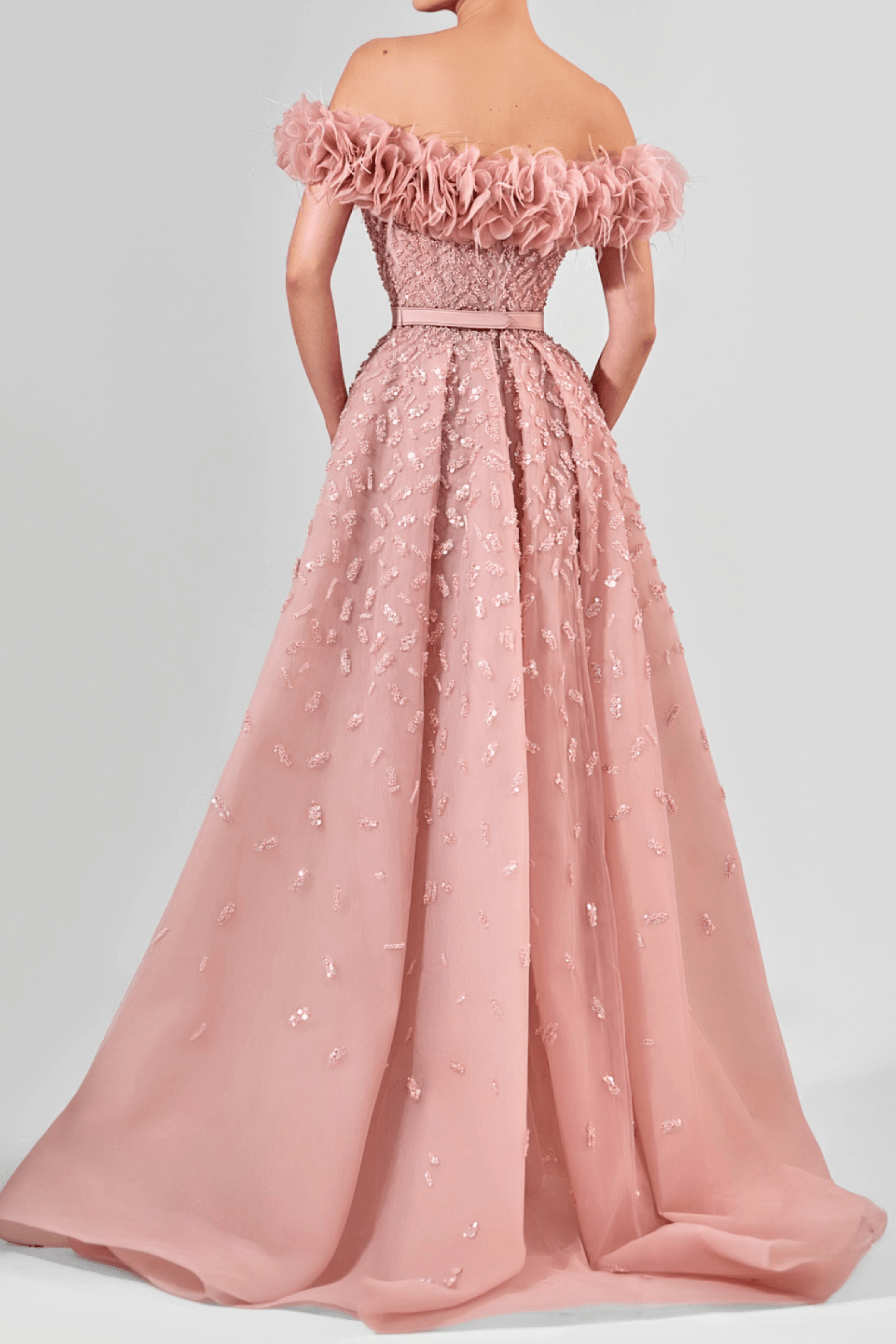 Off - Shoulder Rose Tulle Embellished Gown with Train - ALBOUSHIYA - district 5 - dubai - riyadh - abaya - dresses - designers - evening wear - luxury - elegance - craftsmanship - gowns - cocktail dresses - collections - georges