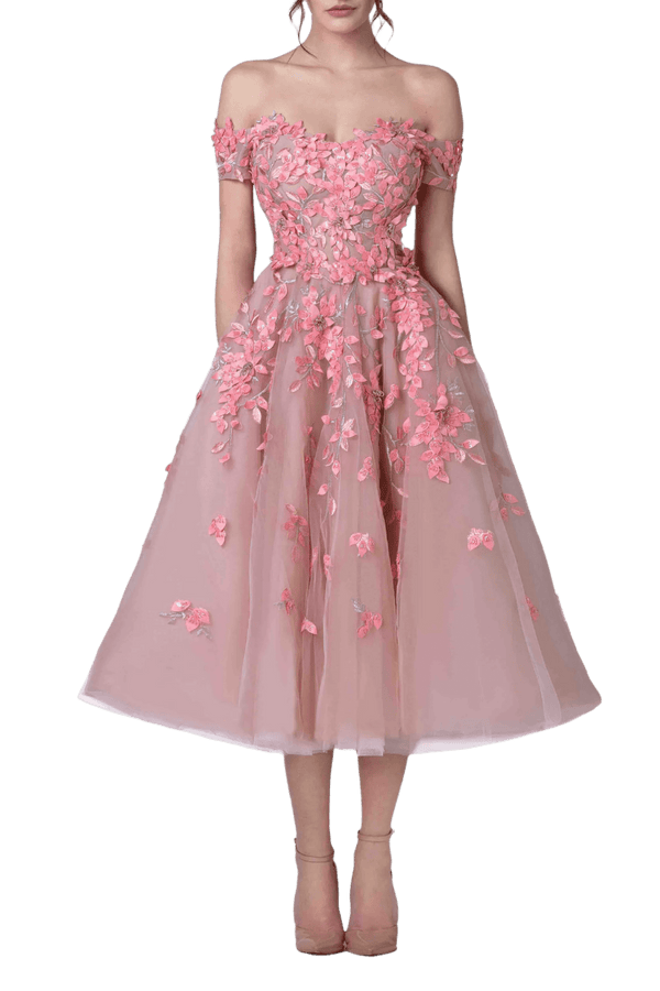 Off Shoulder Tulle Midi - ALBOUSHIYA - district 5 - dubai - riyadh - abaya - dresses - designers - evening wear - luxury - elegance - craftsmanship - gowns - cocktail dresses - collections - georges