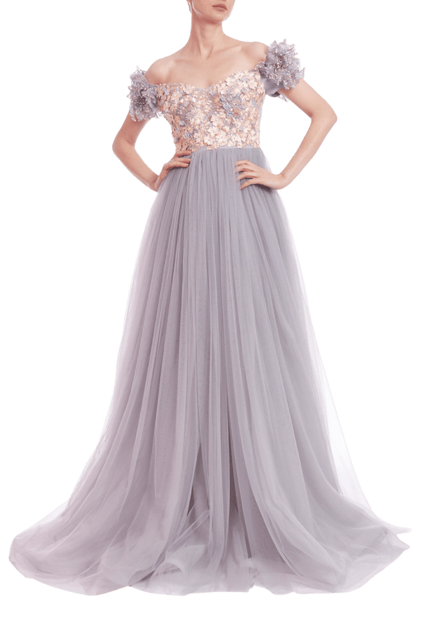 Off - the - Shoulder Embellished Bodice Empire Gown - ALBOUSHIYA - district 5 - dubai - riyadh - abaya - dresses - designers - evening wear - luxury - elegance - craftsmanship - gowns - cocktail dresses - collections - georges