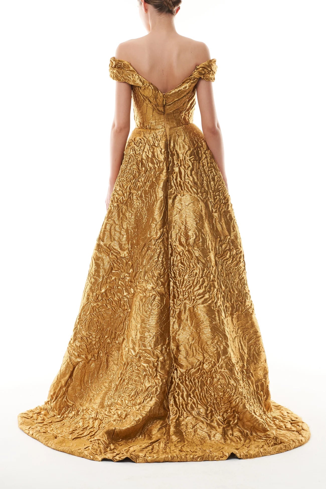 Off - The - Shoulder Gold Jacquard Ballgown - ALBOUSHIYA - district 5 - dubai - riyadh - abaya - dresses - designers - evening wear - luxury - elegance - craftsmanship - gowns - cocktail dresses - collections - georges