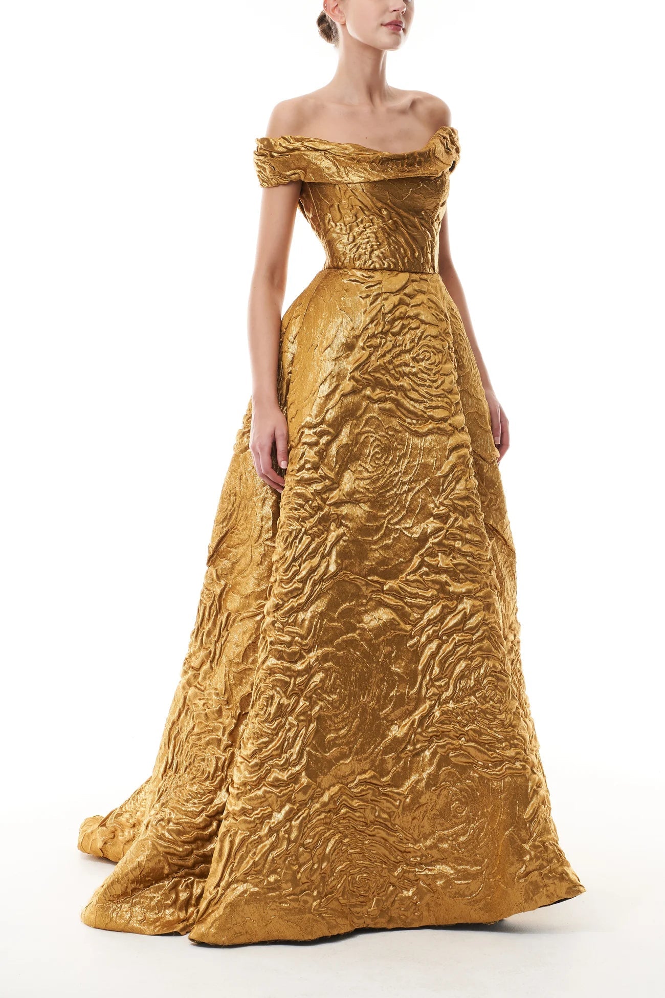 Off - The - Shoulder Gold Jacquard Ballgown - ALBOUSHIYA - district 5 - dubai - riyadh - abaya - dresses - designers - evening wear - luxury - elegance - craftsmanship - gowns - cocktail dresses - collections - georges