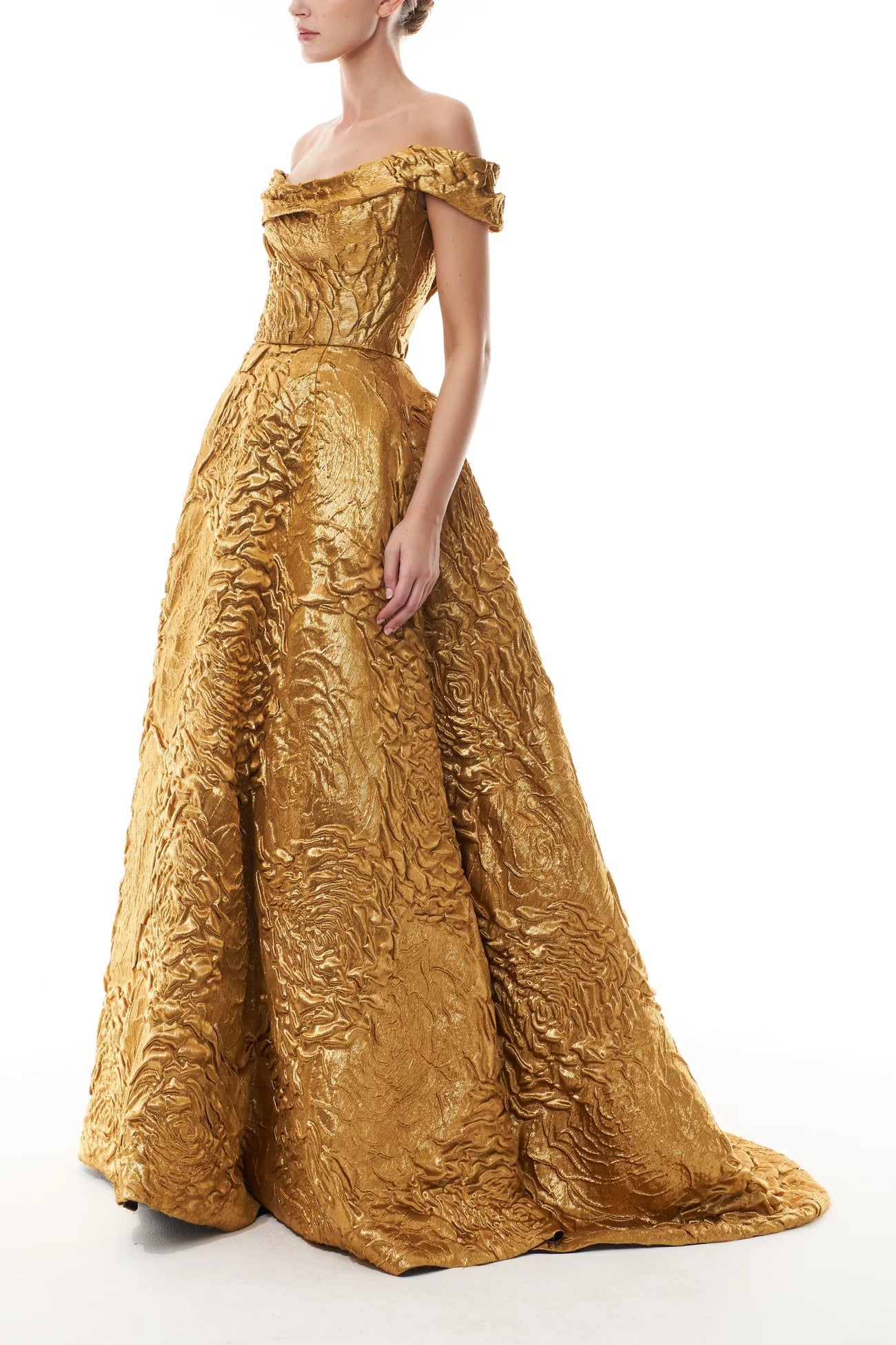 Off - The - Shoulder Gold Jacquard Ballgown - ALBOUSHIYA - district 5 - dubai - riyadh - abaya - dresses - designers - evening wear - luxury - elegance - craftsmanship - gowns - cocktail dresses - collections - georges