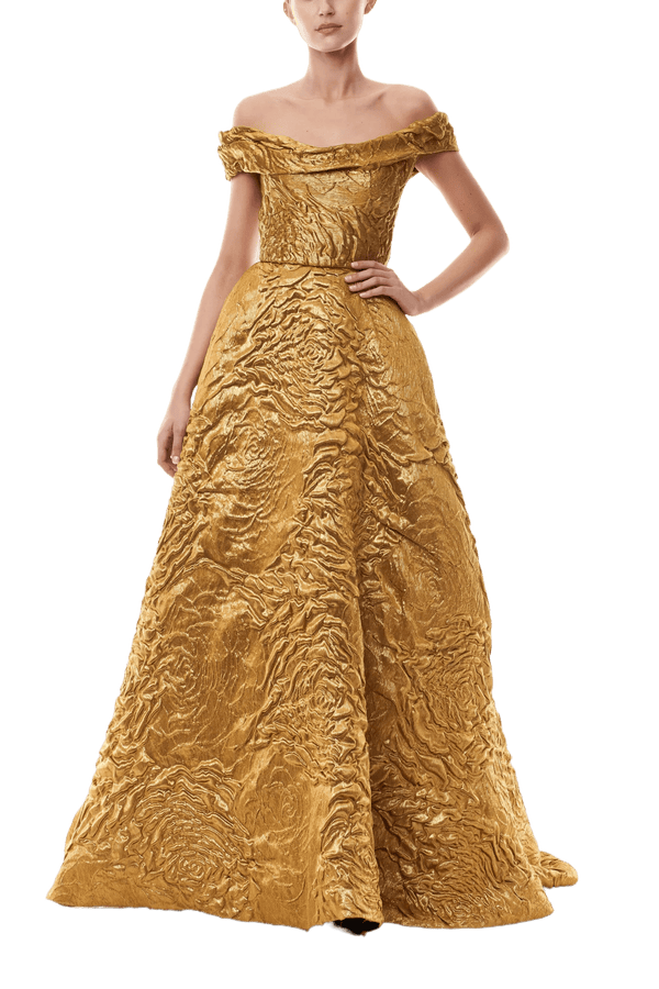 Off - The - Shoulder Gold Jacquard Ballgown - ALBOUSHIYA - district 5 - dubai - riyadh - abaya - dresses - designers - evening wear - luxury - elegance - craftsmanship - gowns - cocktail dresses - collections - georges