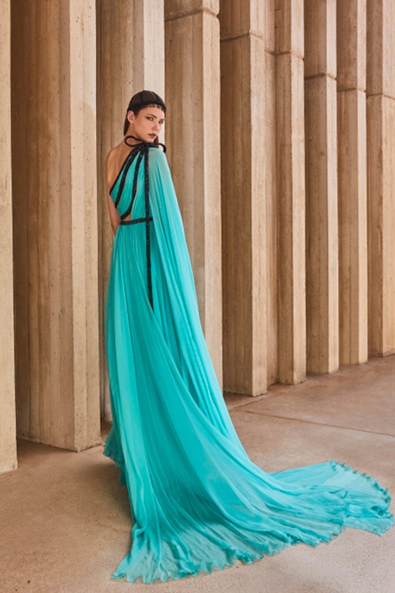 One Shoulder Mint Gown - ALBOUSHIYA - district 5 - dubai - riyadh - abaya - dresses - designers - evening wear - luxury - elegance - craftsmanship - gowns - cocktail dresses - collections - georges