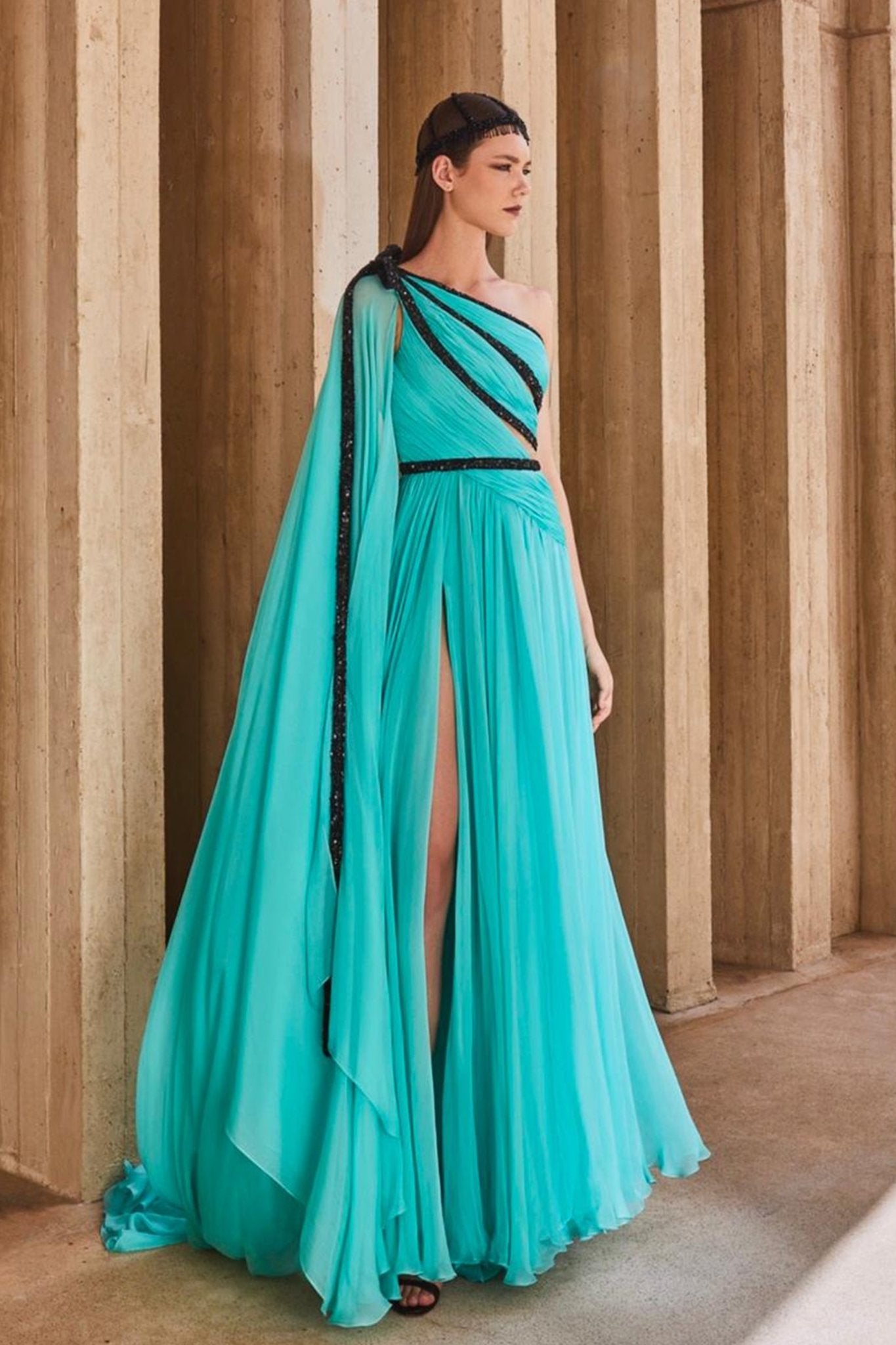 One Shoulder Mint Gown - ALBOUSHIYA - district 5 - dubai - riyadh - abaya - dresses - designers - evening wear - luxury - elegance - craftsmanship - gowns - cocktail dresses - collections - georges