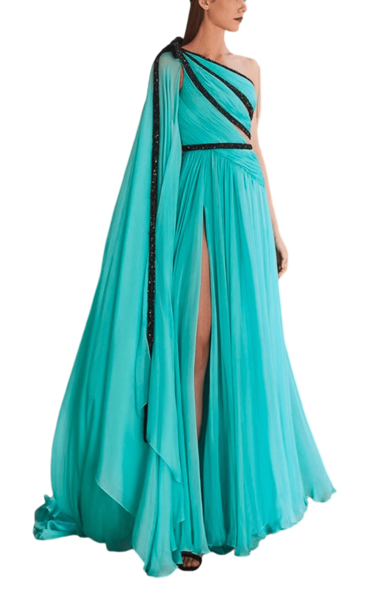 One Shoulder Mint Gown - ALBOUSHIYA - district 5 - dubai - riyadh - abaya - dresses - designers - evening wear - luxury - elegance - craftsmanship - gowns - cocktail dresses - collections - georges