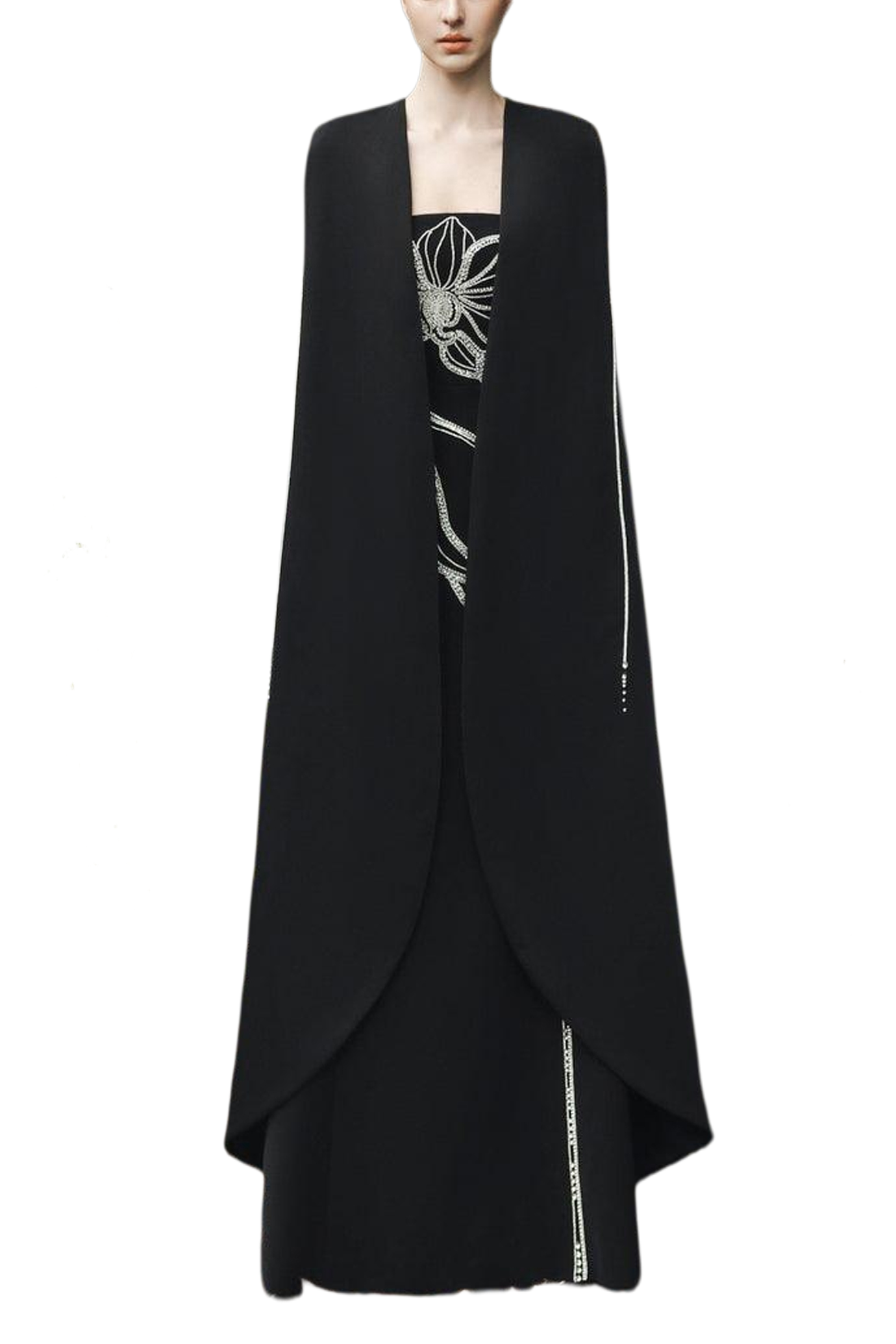 Crystal Strapless Dress With Long Back Cape