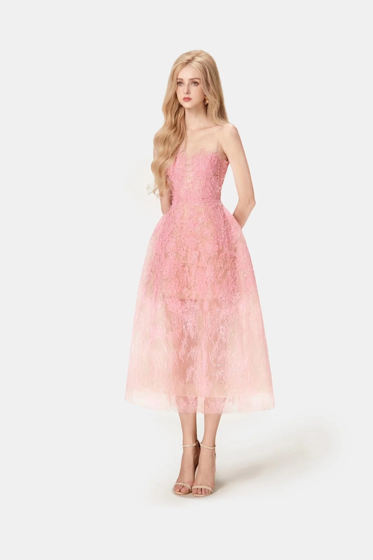 Pink Beaded Lace Dress - ALBOUSHIYA - district 5 - dubai - riyadh - abaya - dresses - designers - evening wear - luxury - elegance - craftsmanship - gowns - cocktail dresses - collections - georges
