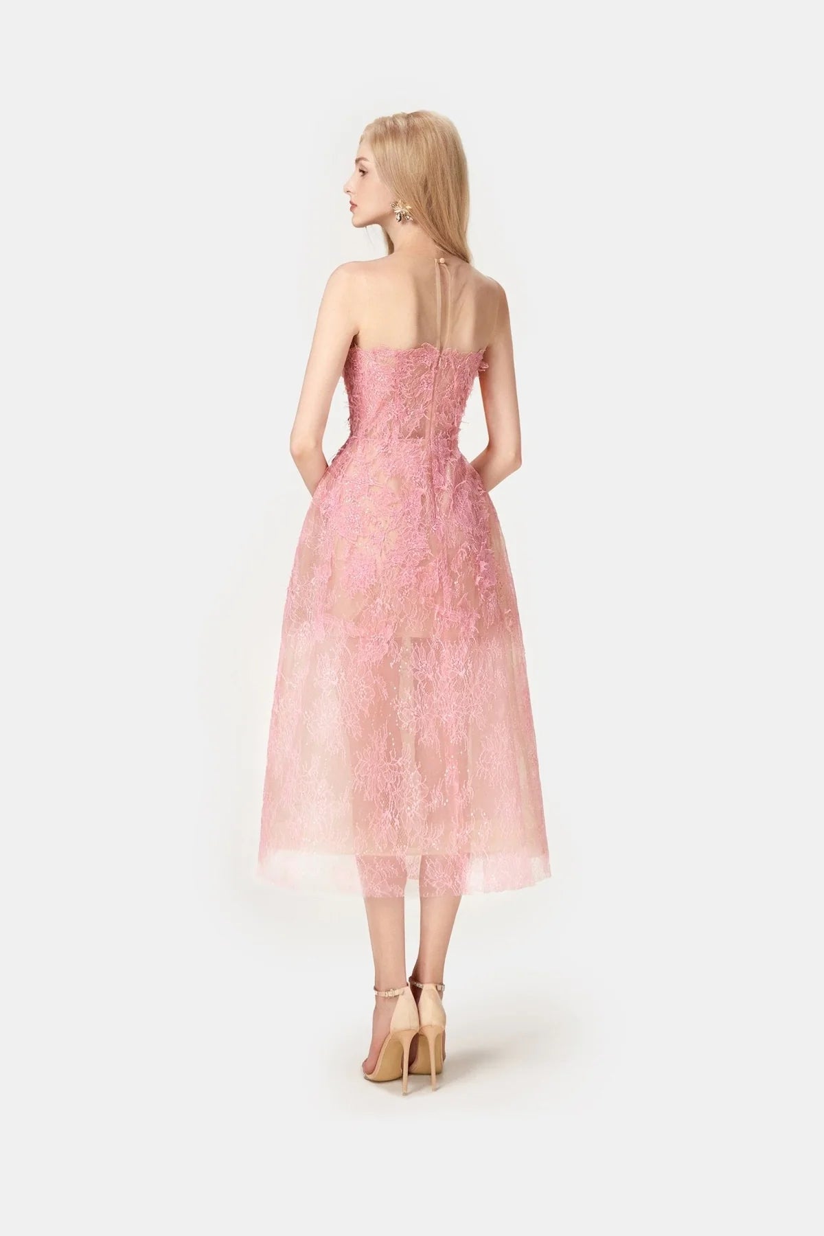 Pink Beaded Lace Dress - ALBOUSHIYA - district 5 - dubai - riyadh - abaya - dresses - designers - evening wear - luxury - elegance - craftsmanship - gowns - cocktail dresses - collections - georges