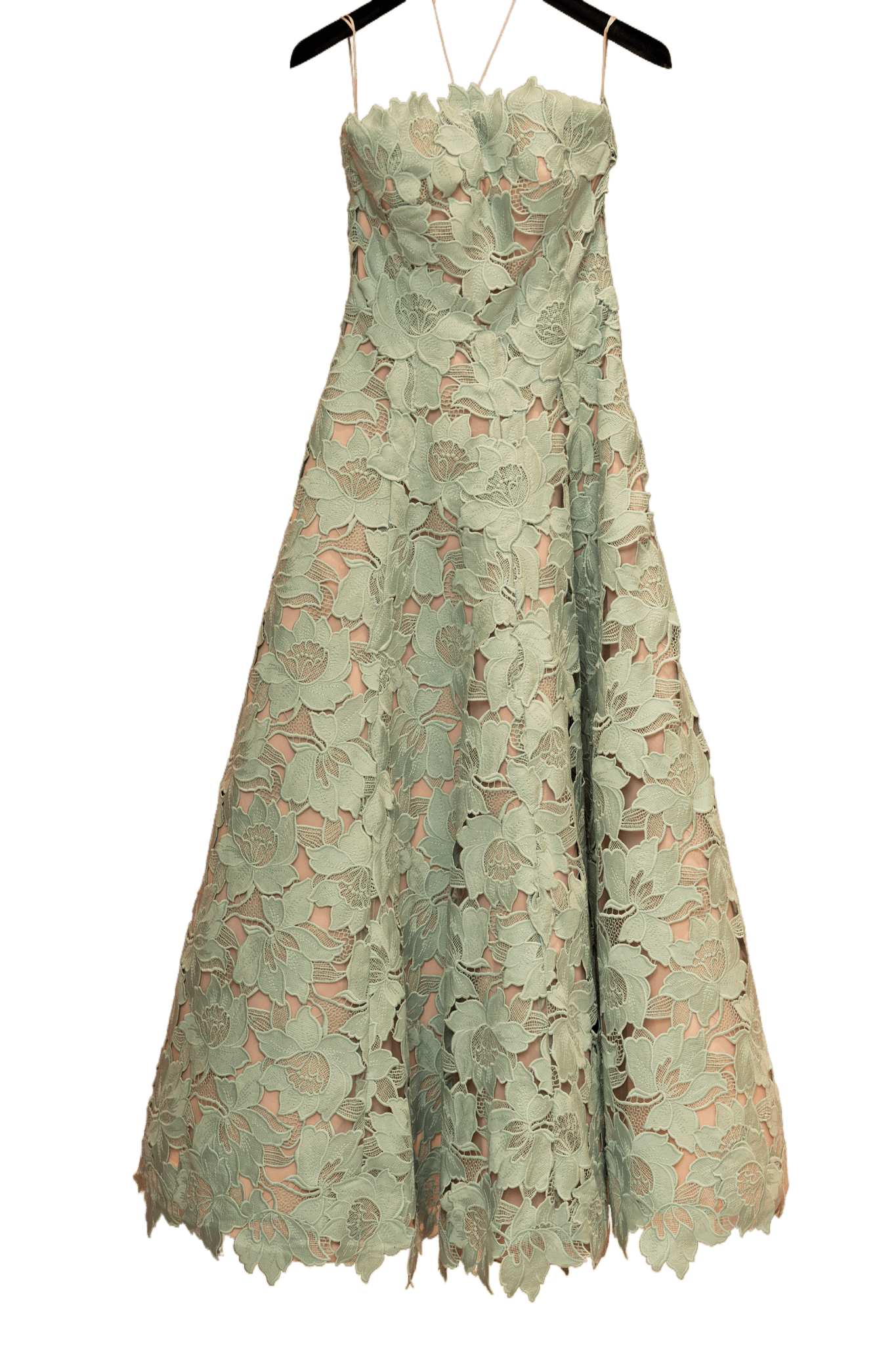Pistachio Guipure Tea Length Gown - ALBOUSHIYA - district 5 - dubai - riyadh - abaya - dresses - designers - evening wear - luxury - elegance - craftsmanship - gowns - cocktail dresses - collections - georges