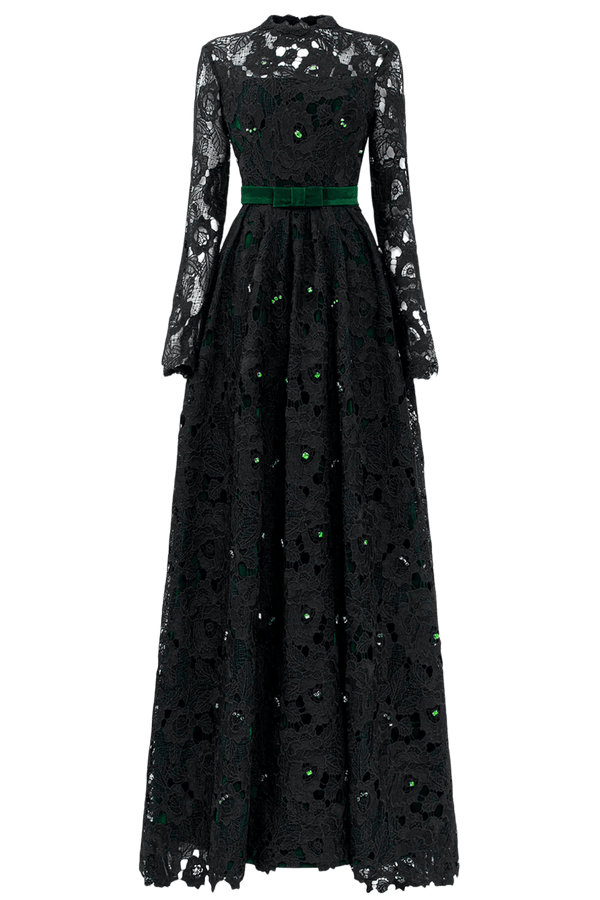 Pleated Lace and Velvet Gown - ALBOUSHIYA - district 5 - dubai - riyadh - abaya - dresses - designers - evening wear - luxury - elegance - craftsmanship - gowns - cocktail dresses - collections - georges