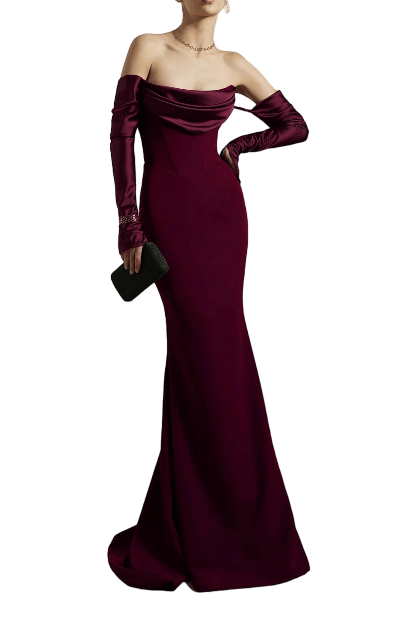 Raven Burgundy Crepe Long Dress - ALBOUSHIYA - district 5 - dubai - riyadh - abaya - dresses - designers - evening wear - luxury - elegance - craftsmanship - gowns - cocktail dresses - collections - georges