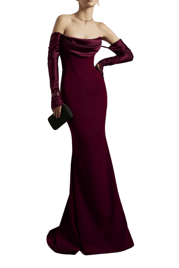 Raven Burgundy Crepe Long Dress - ALBOUSHIYA - district 5 - dubai - riyadh - abaya - dresses - designers - evening wear - luxury - elegance - craftsmanship - gowns - cocktail dresses - collections - georges