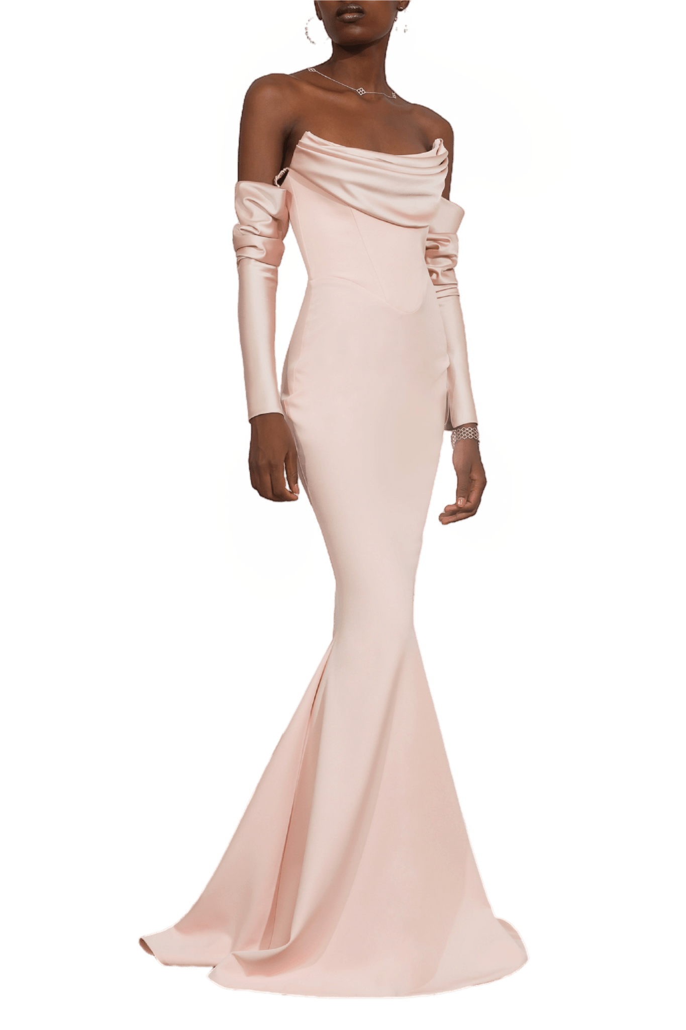 Raven Soft Peach Crepe Long Dress - ALBOUSHIYA - district 5 - dubai - riyadh - abaya - dresses - designers - evening wear - luxury - elegance - craftsmanship - gowns - cocktail dresses - collections - georges