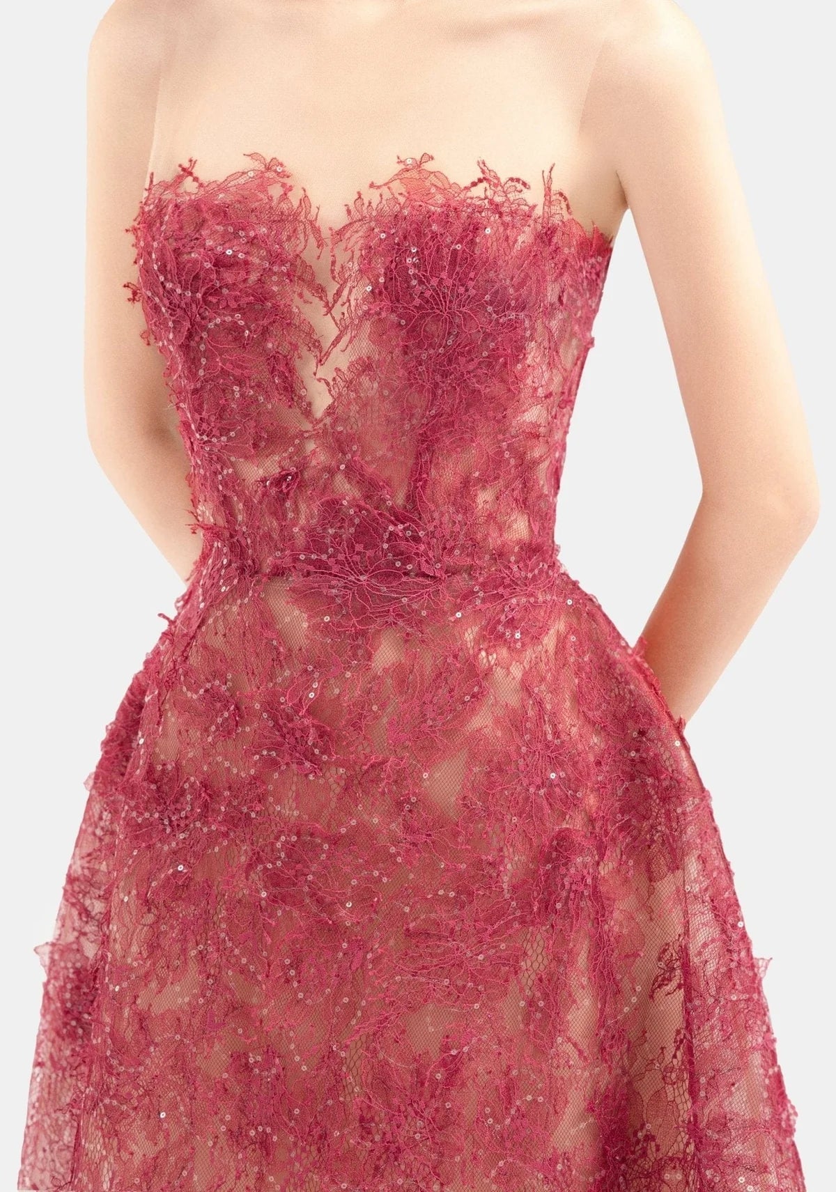 Red Beaded Lace Dress - ALBOUSHIYA - district 5 - dubai - riyadh - abaya - dresses - designers - evening wear - luxury - elegance - craftsmanship - gowns - cocktail dresses - collections - georges