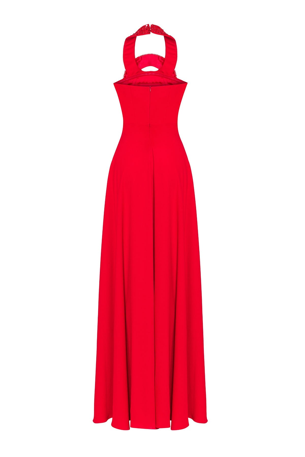 Red Crystals Neckline Flowing Gown - ALBOUSHIYA - district 5 - dubai - riyadh - abaya - dresses - designers - evening wear - luxury - elegance - craftsmanship - gowns - cocktail dresses - collections - georges