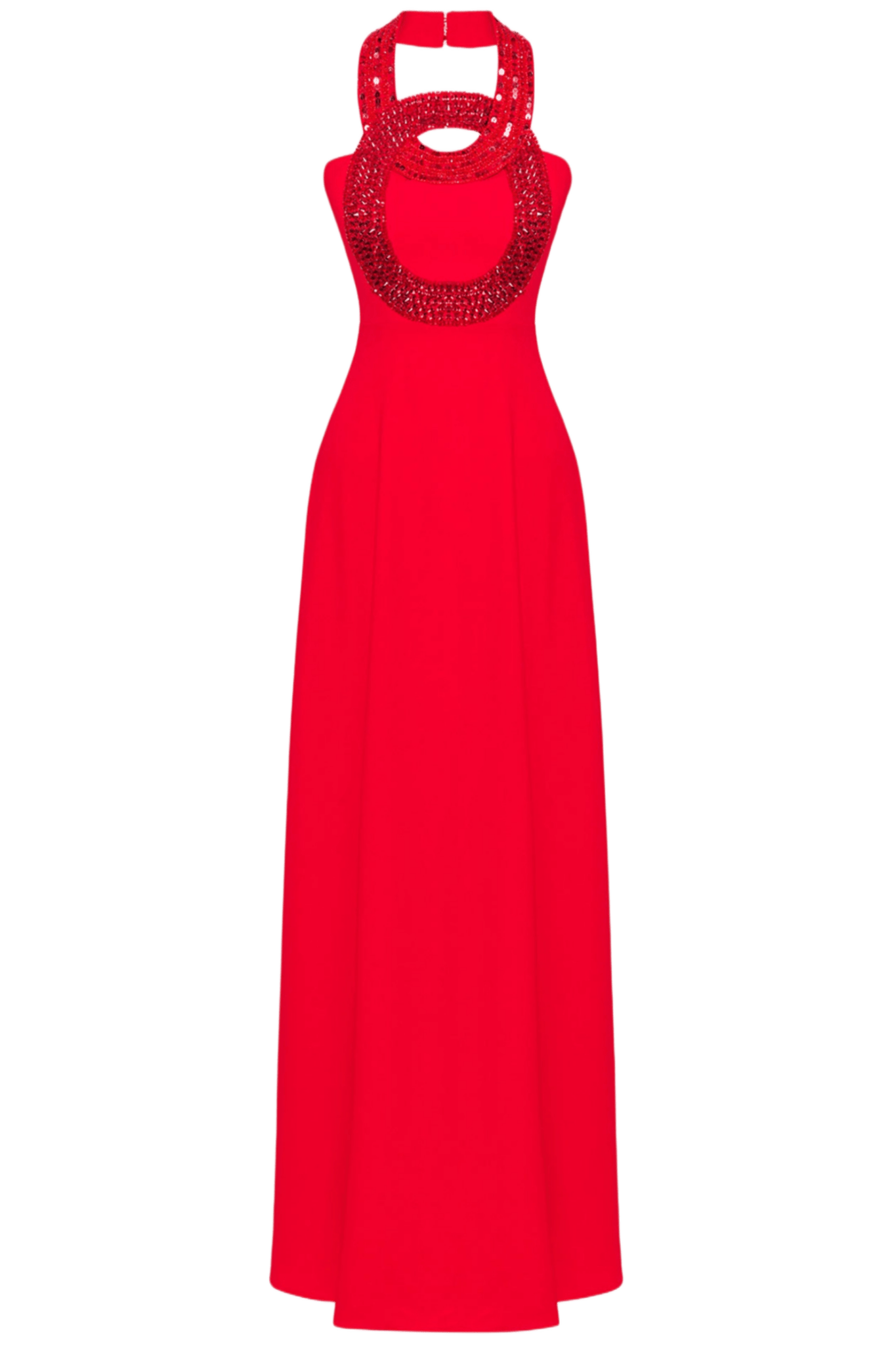 Red Crystals Neckline Flowing Gown - ALBOUSHIYA - district 5 - dubai - riyadh - abaya - dresses - designers - evening wear - luxury - elegance - craftsmanship - gowns - cocktail dresses - collections - georges