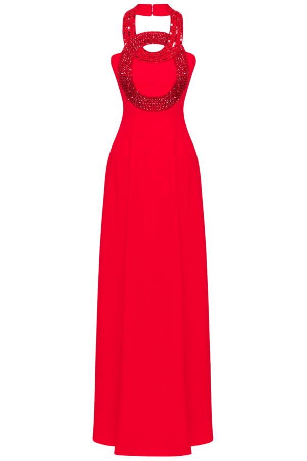Red Crystals Neckline Flowing Gown - ALBOUSHIYA - district 5 - dubai - riyadh - abaya - dresses - designers - evening wear - luxury - elegance - craftsmanship - gowns - cocktail dresses - collections - georges