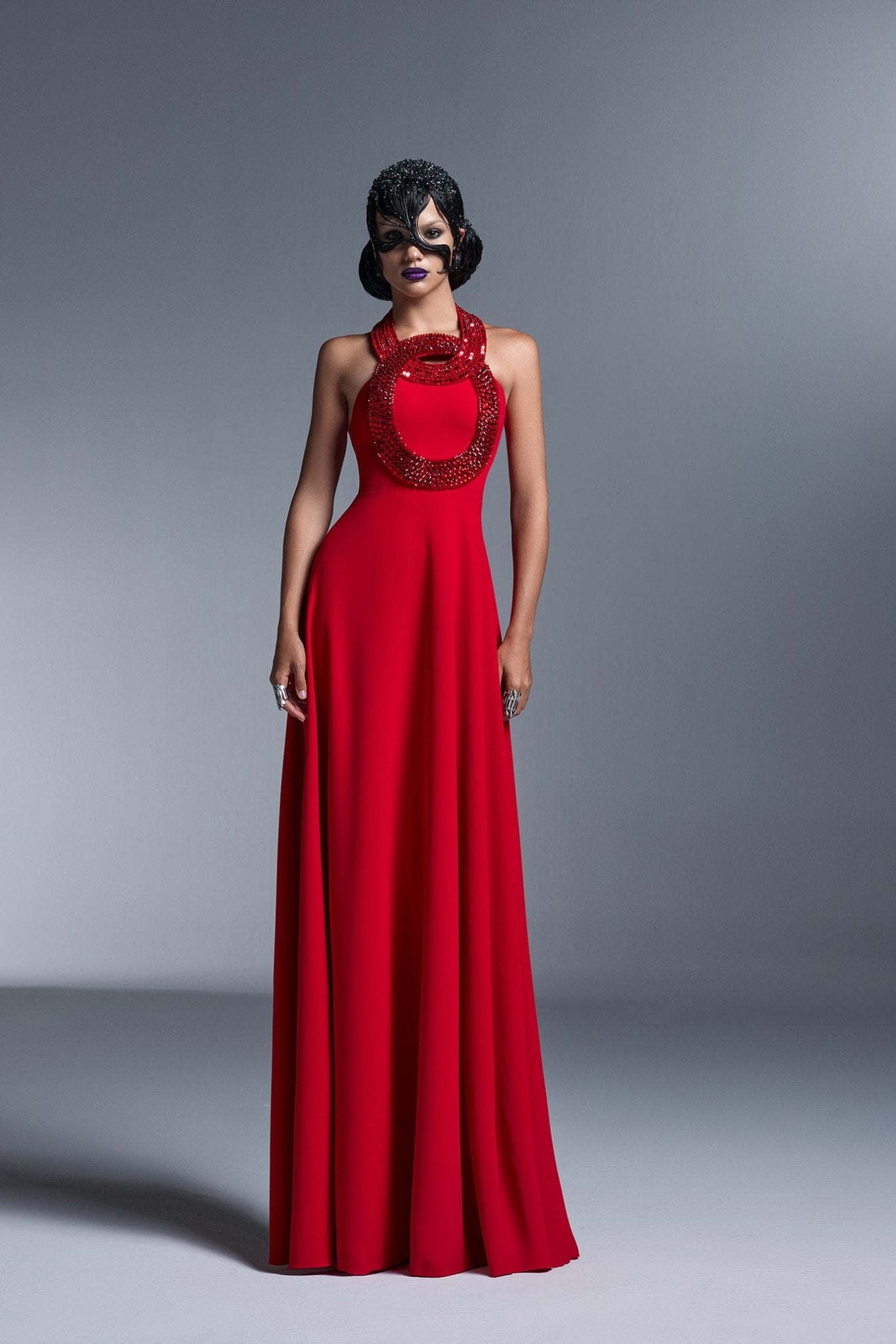 Red Crystals Neckline Flowing Gown - ALBOUSHIYA - district 5 - dubai - riyadh - abaya - dresses - designers - evening wear - luxury - elegance - craftsmanship - gowns - cocktail dresses - collections - georges