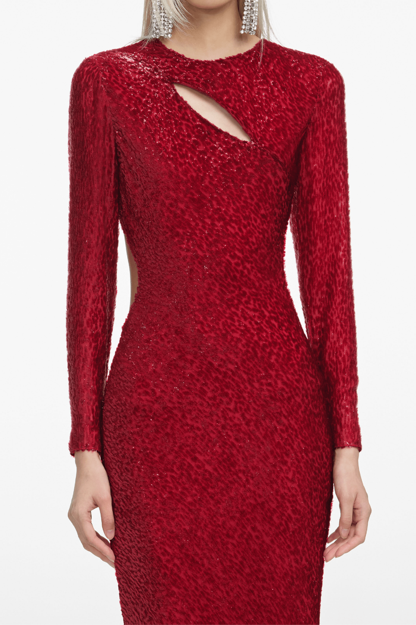 Red Fil Coupé Maxi Dress - ALBOUSHIYA - district 5 - dubai - riyadh - abaya - dresses - designers - evening wear - luxury - elegance - craftsmanship - gowns - cocktail dresses - collections - georges