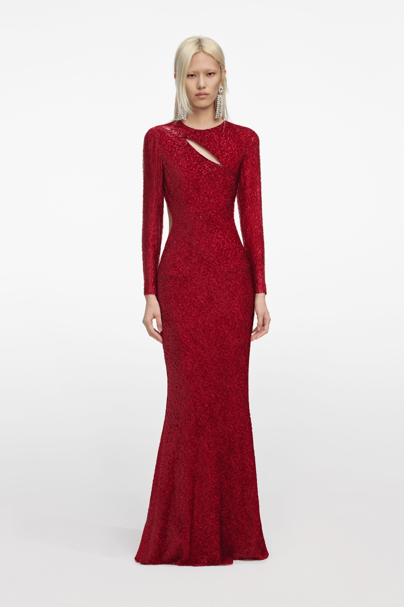 Red Fil Coupé Maxi Dress - ALBOUSHIYA - district 5 - dubai - riyadh - abaya - dresses - designers - evening wear - luxury - elegance - craftsmanship - gowns - cocktail dresses - collections - georges